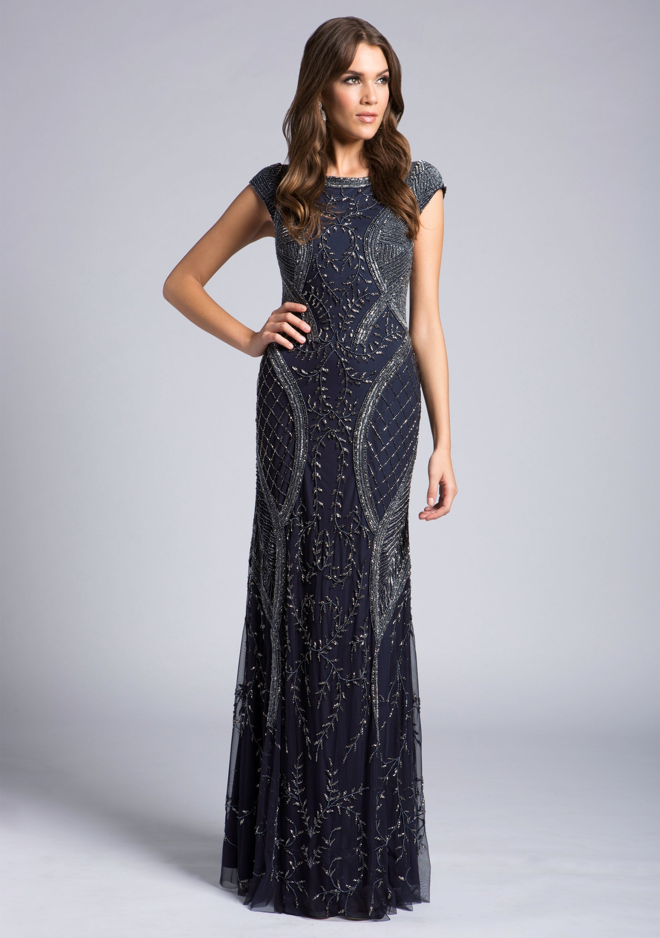 Cap Sleeve Modestly Covered Beaded Evening Dress 33609