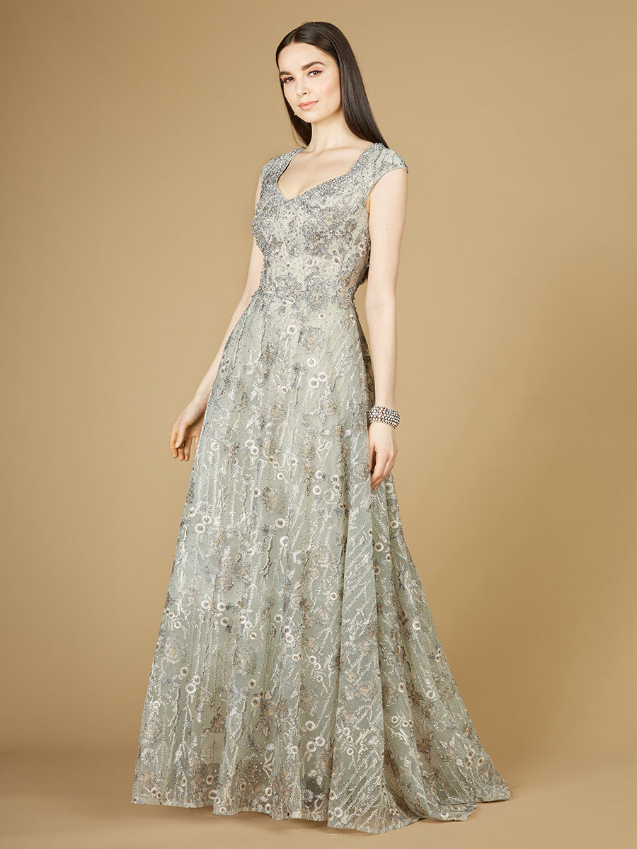 Cap Sleeve V-Neck Lace A-line Gown 29236