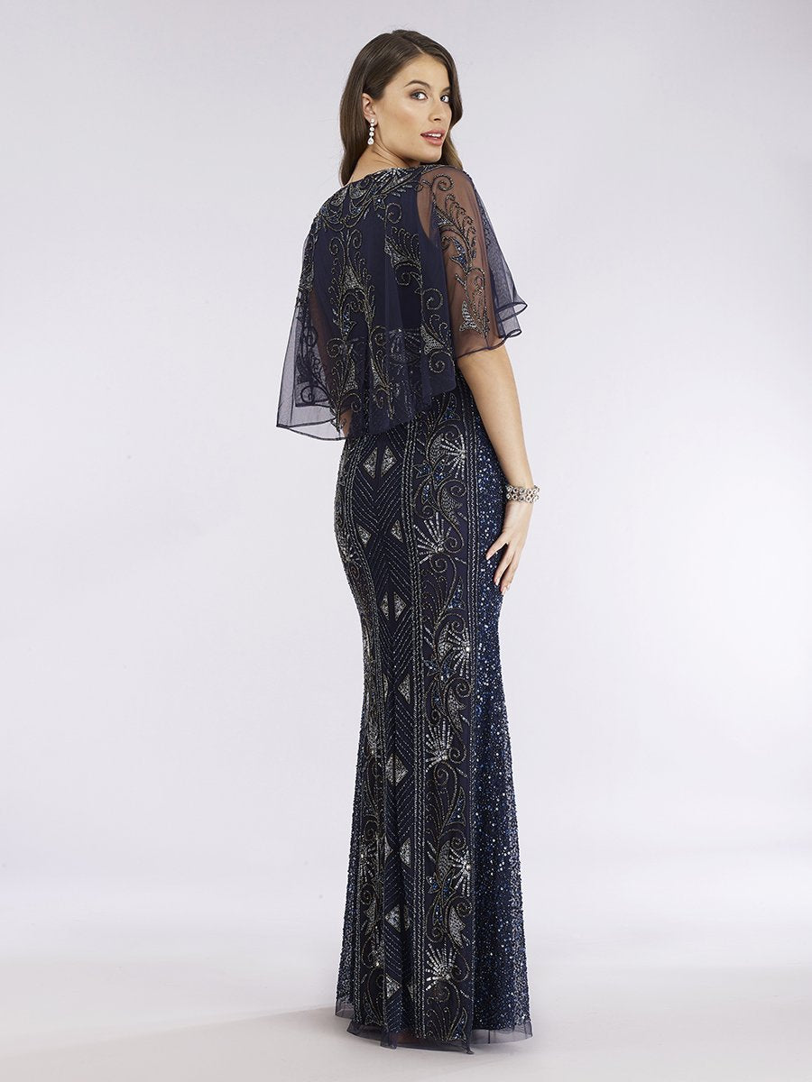 Cape Sleeve Beaded Evening Gown with Modest Coverage 29393