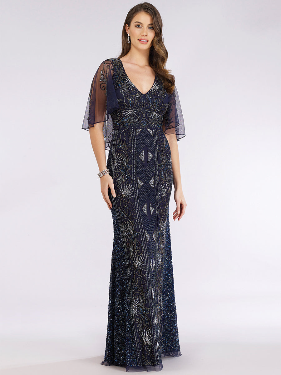 Cape Sleeve Beaded Evening Gown with Modest Coverage 29393