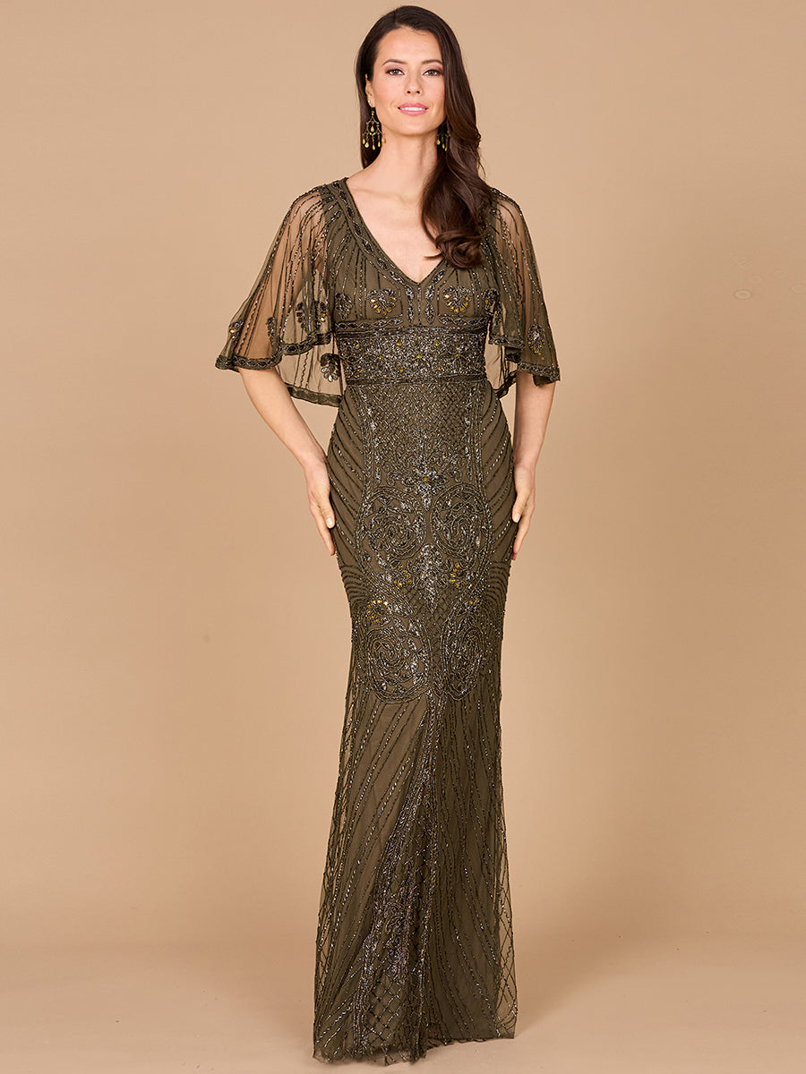 Cape Sleeve V-Neck Beaded Gown 29356