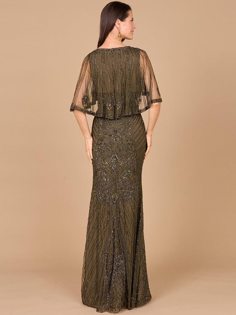 Cape Sleeve V-Neck Beaded Gown 29356