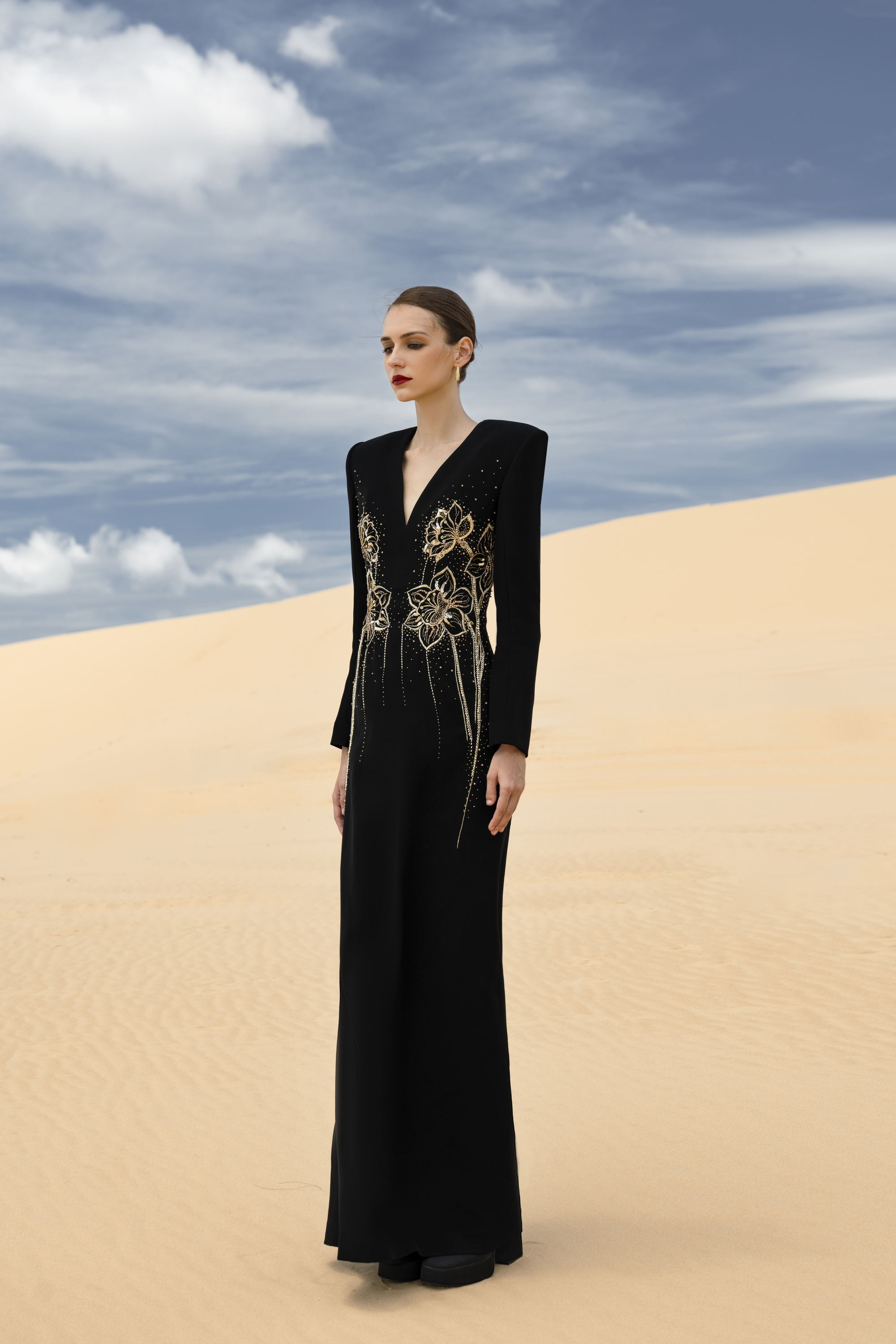 Carmela Sheath V-Neck Velvet Satin Maxi Dress