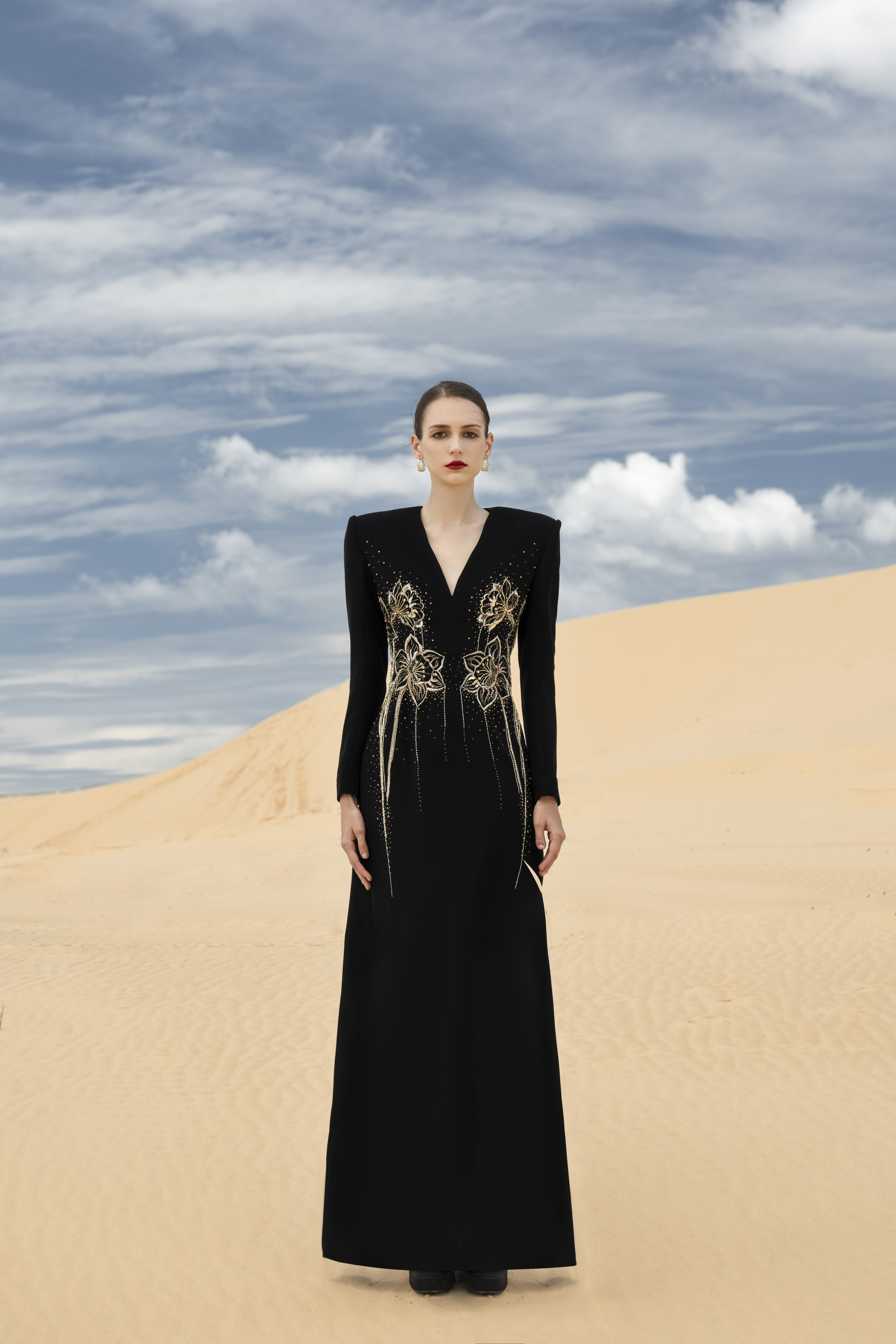 Carmela Sheath V-Neck Velvet Satin Maxi Dress