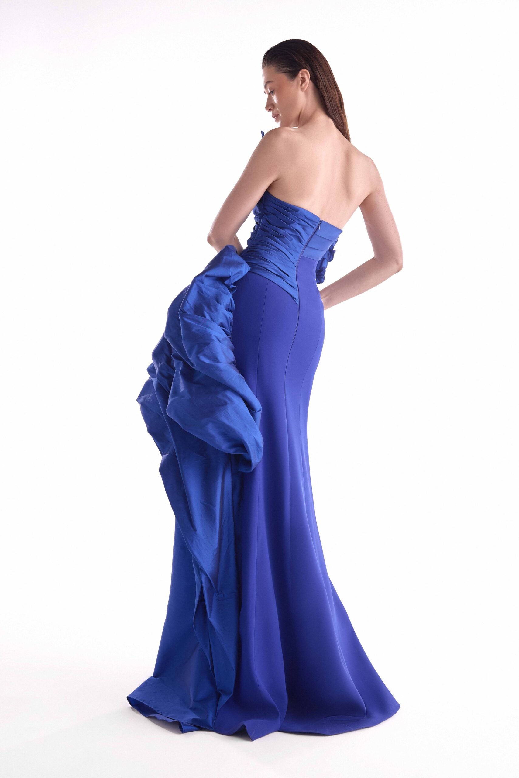 Cascading Sculptural Taffeta Gown, Ruched Royal Blue bodice G2148