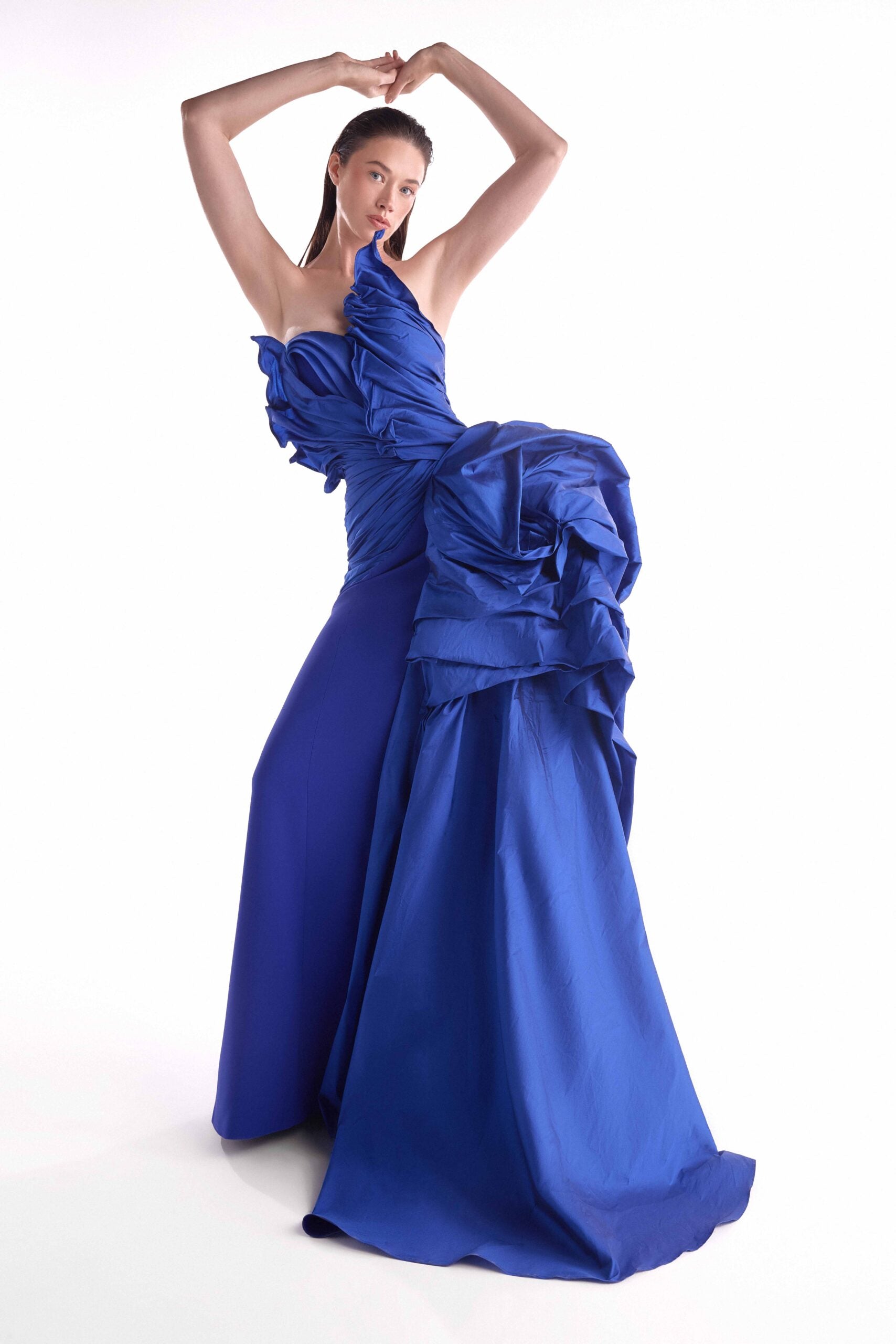 Cascading Sculptural Taffeta Gown, Ruched Royal Blue bodice G2148