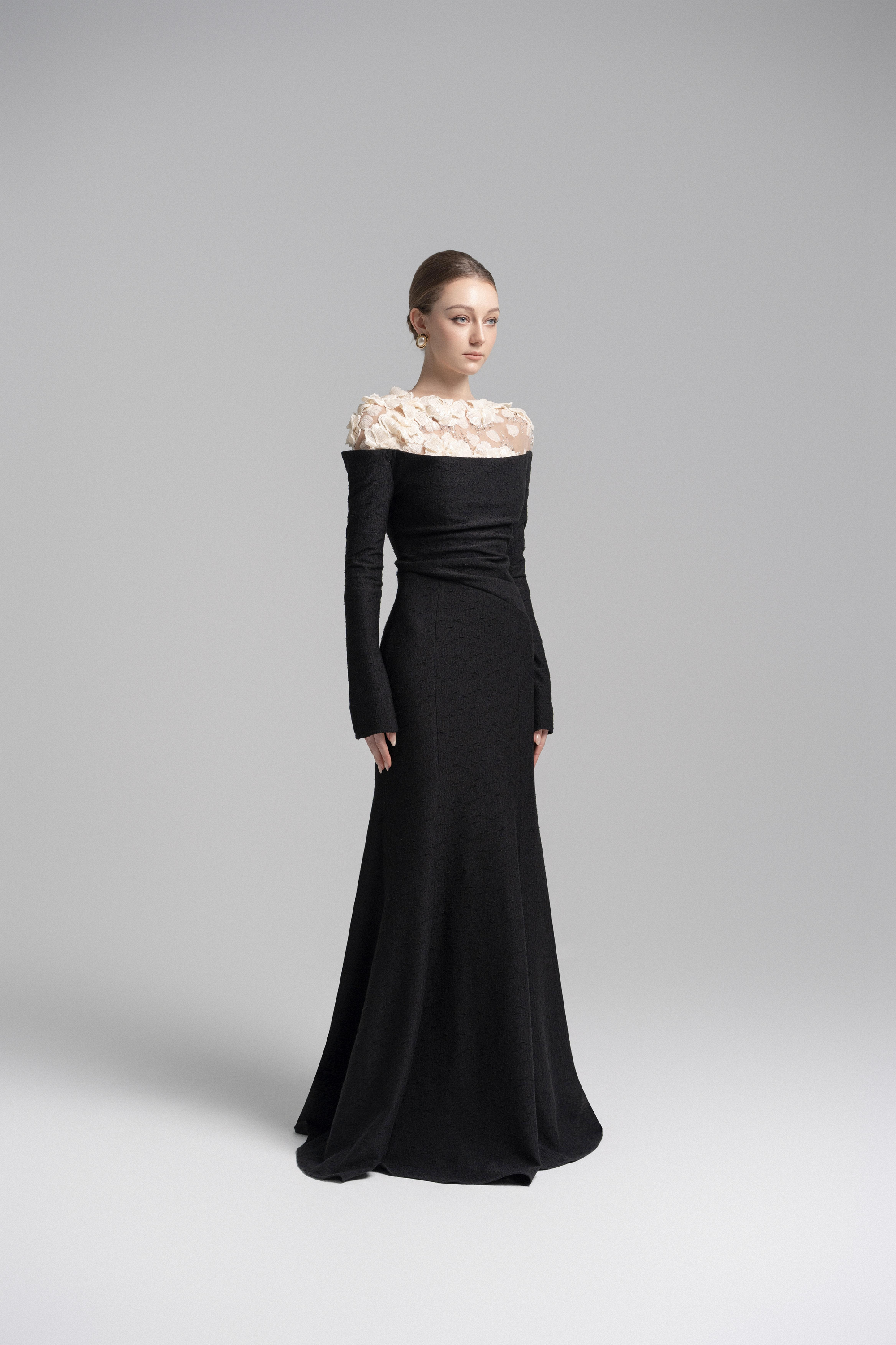 Celestia Draped Crystal Midi Dress in Black VL1018