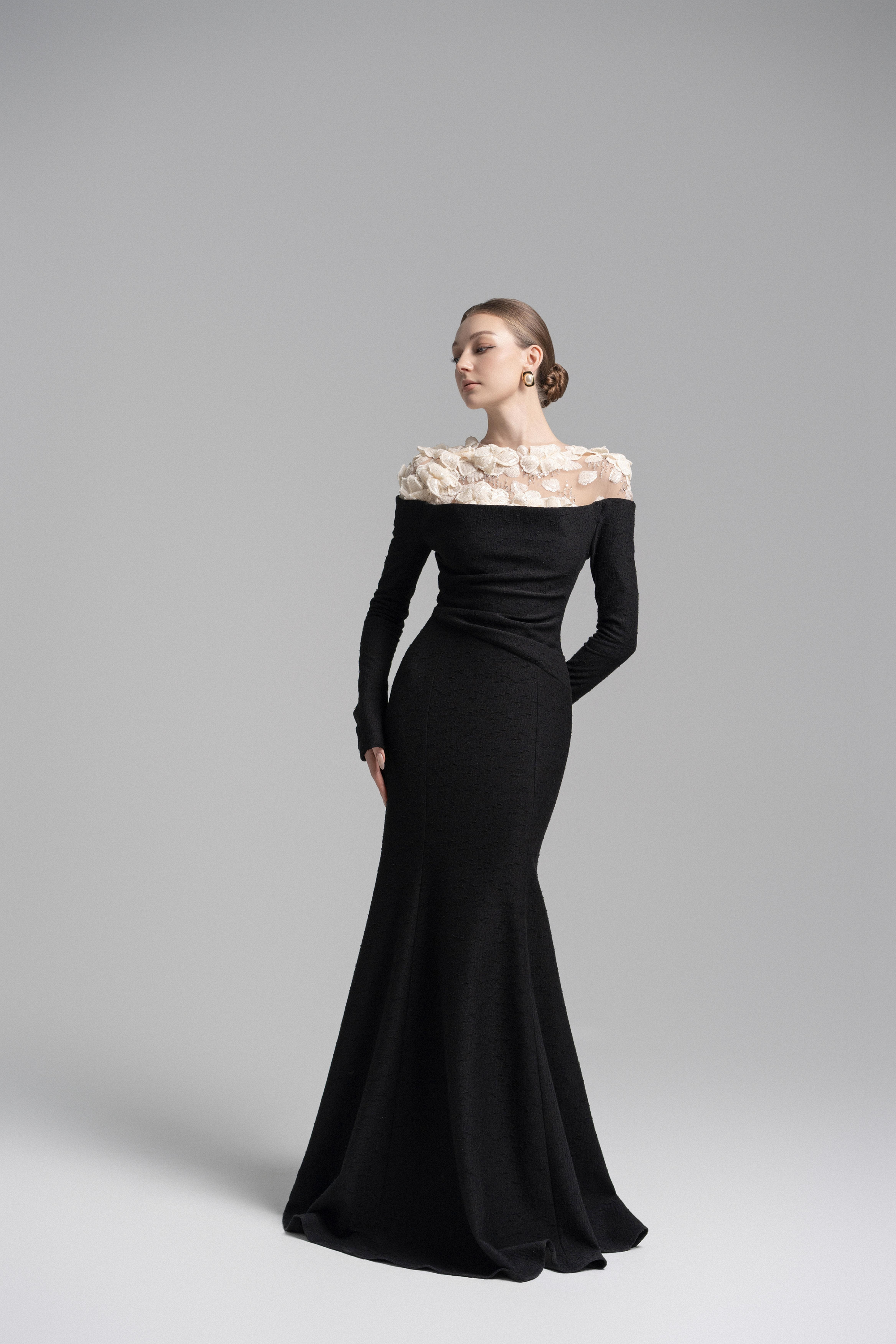 Celestia Draped Crystal Midi Dress in Black VL1018