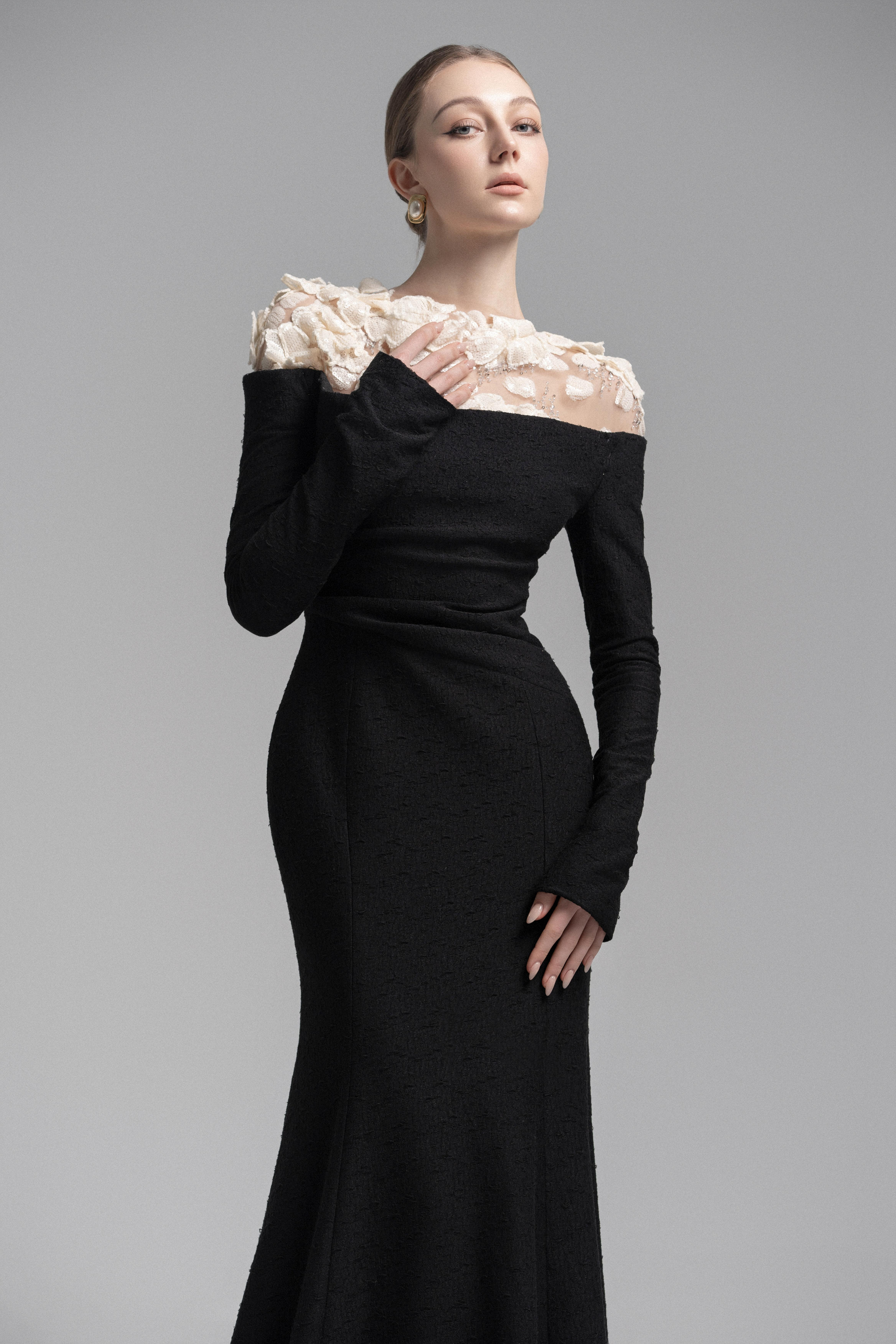Celestia Draped Crystal Midi Dress in Black VL1018
