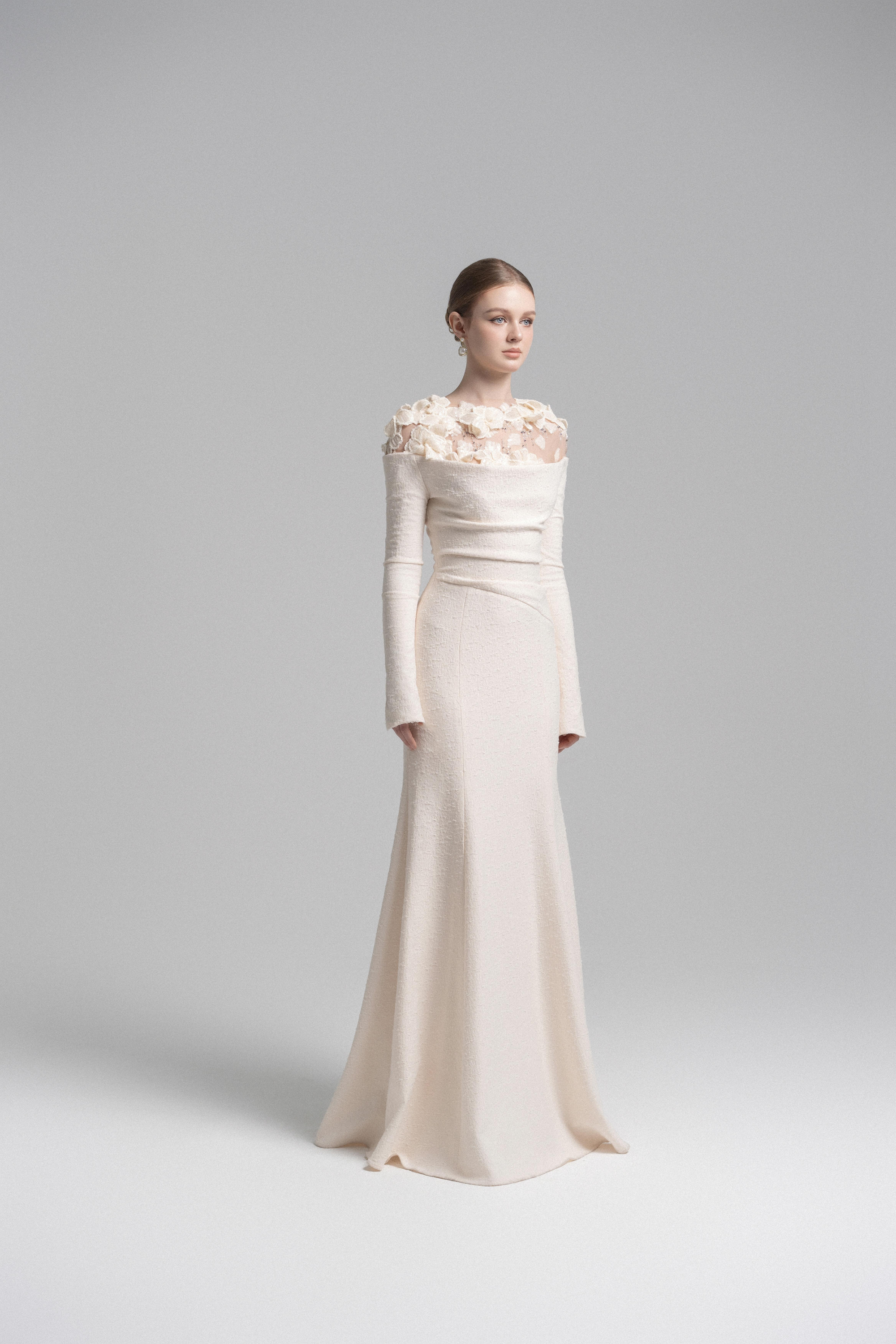 Celestia Draped Crystal Midi Dress in Cream