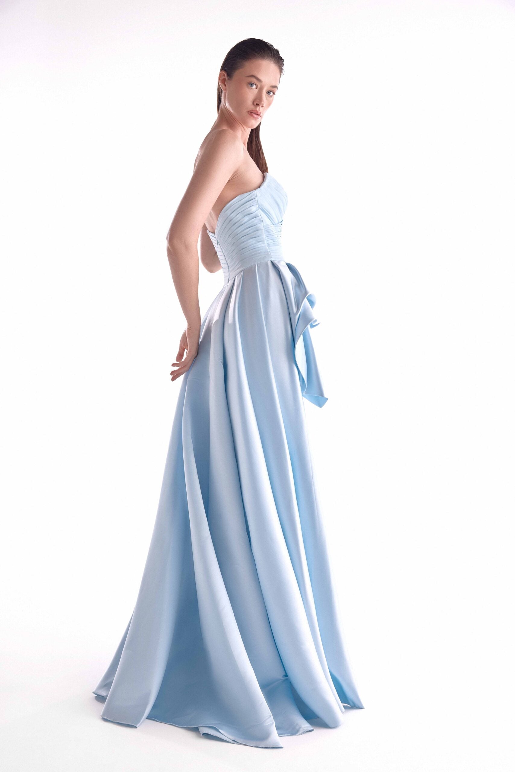 Celestial Ice Blue Peplum Gown with Pleated Bodice G2140