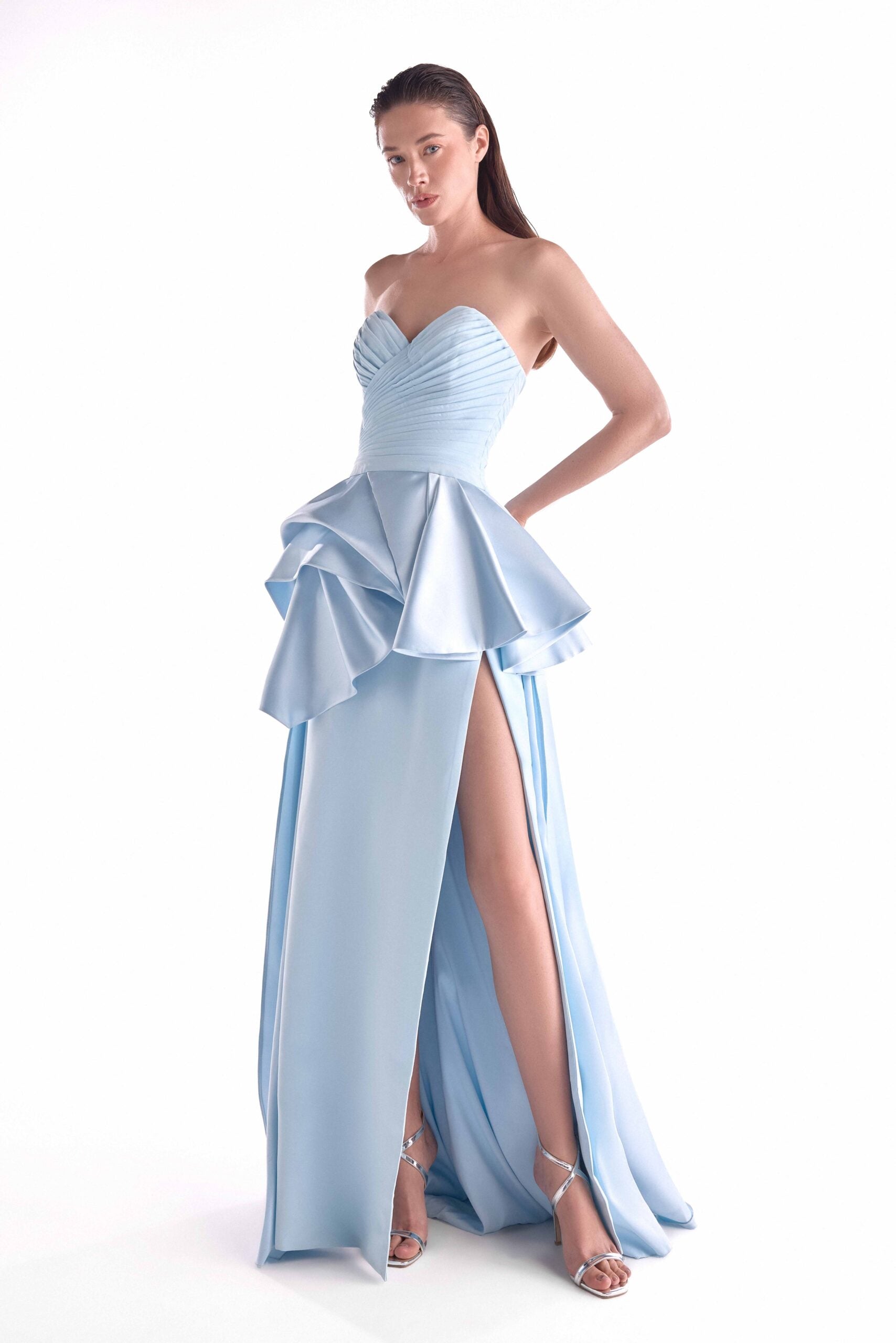 Celestial Ice Blue Peplum Gown with Pleated Bodice G2140