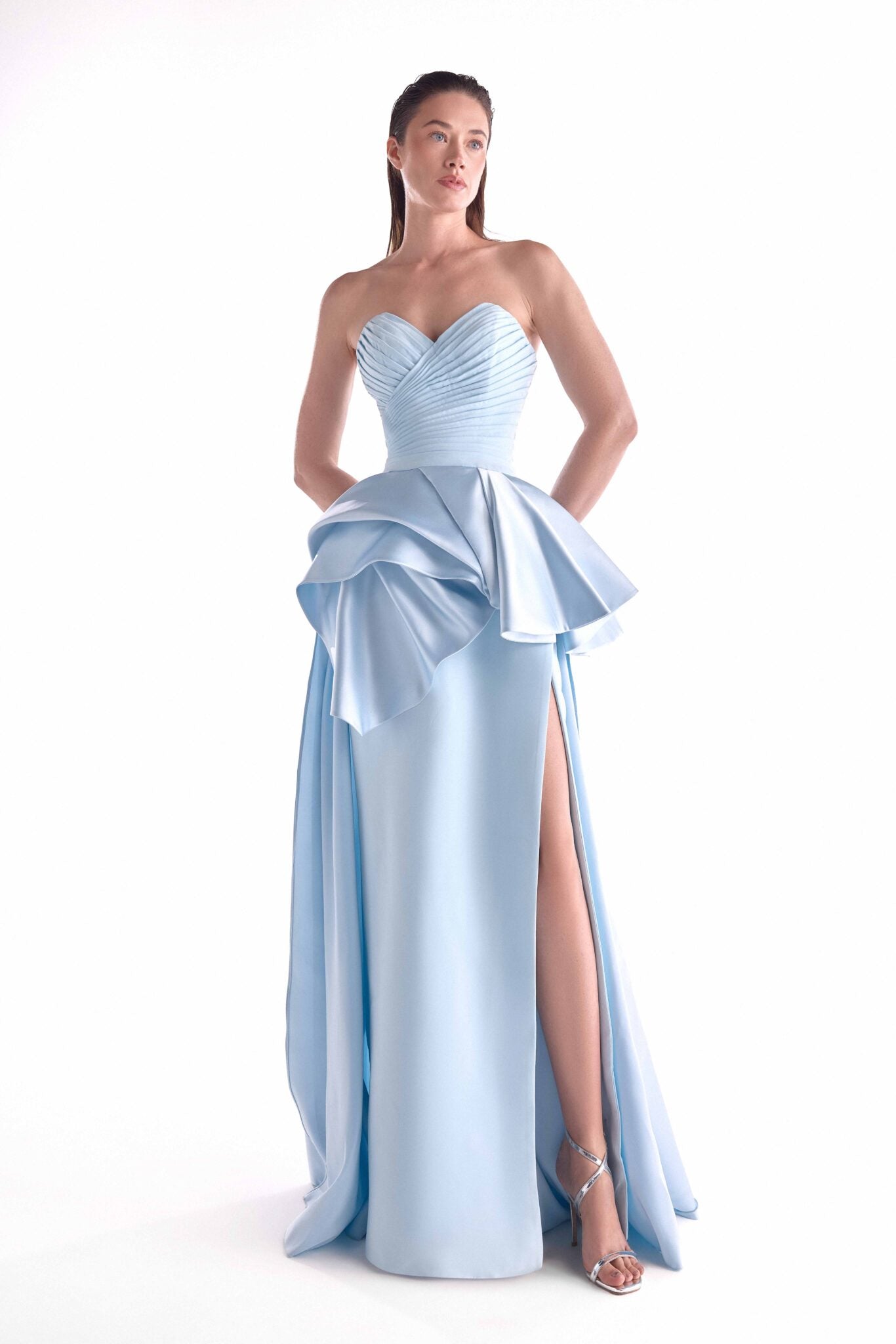 Celestial Ice Blue Peplum Gown with Pleated Bodice G2140