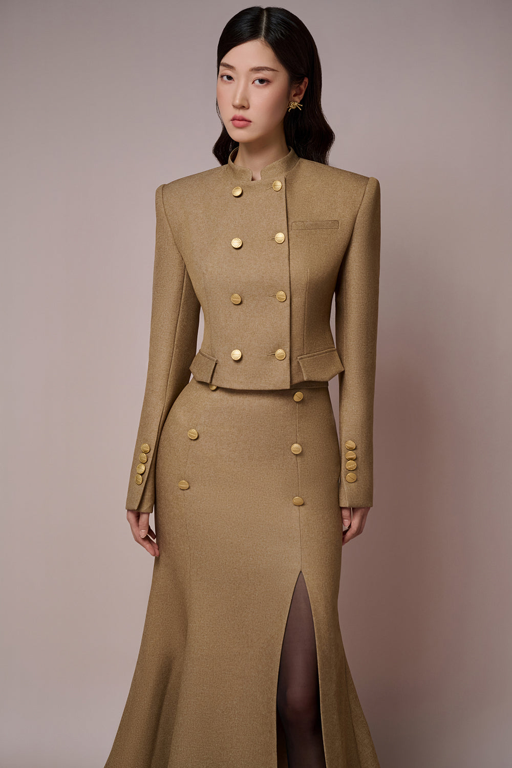 Chau Mandarin Collar Croptop Jacket & Chau Slit Fishtail Skirt