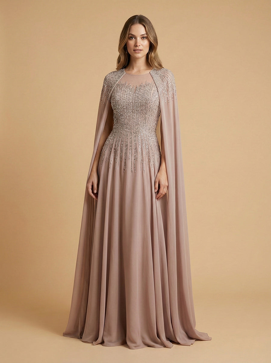 Chiffon A-line Long Gown with Long Cape Sleeves 28943