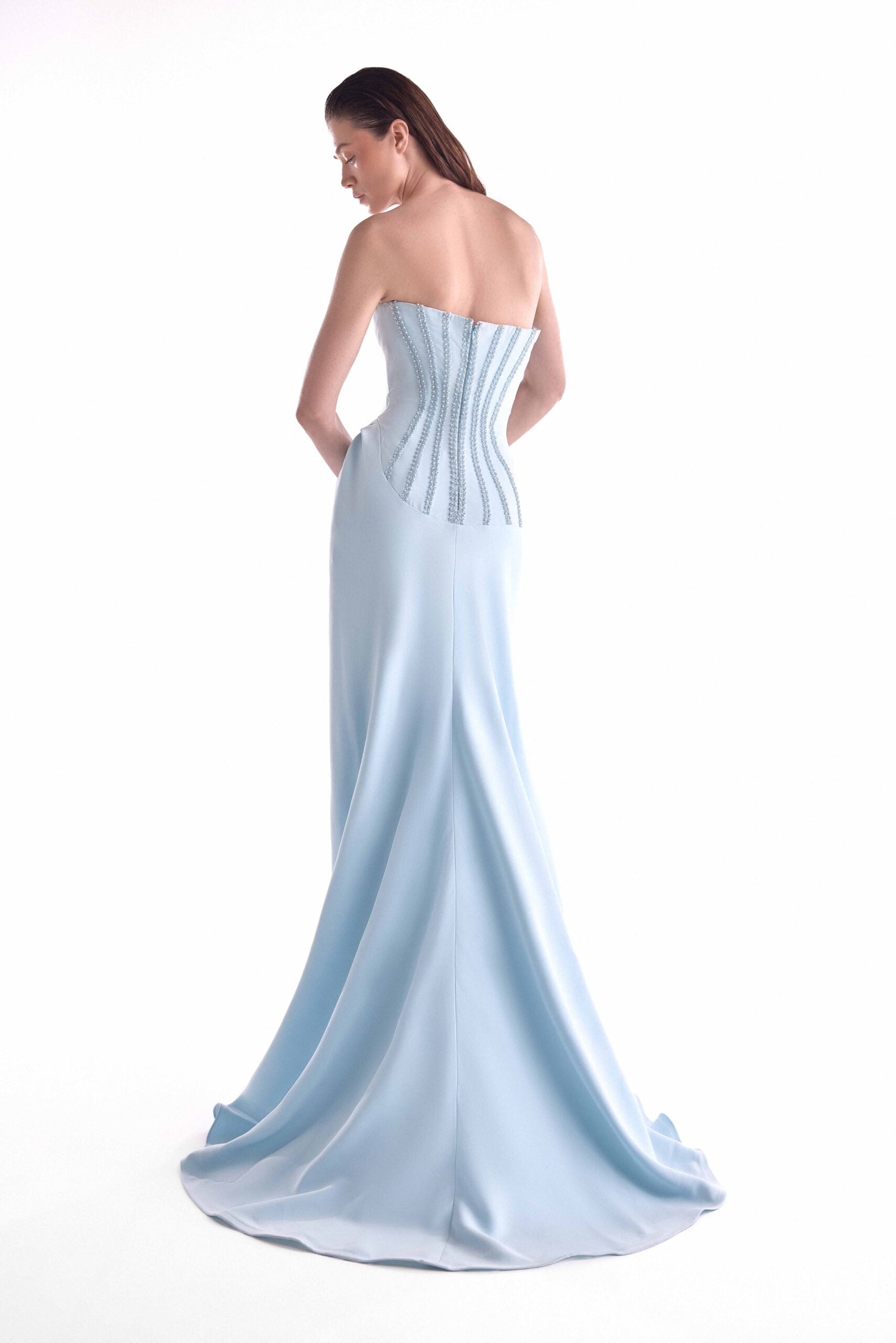Cinched Waist Beading, Ice Blue Gown G2139