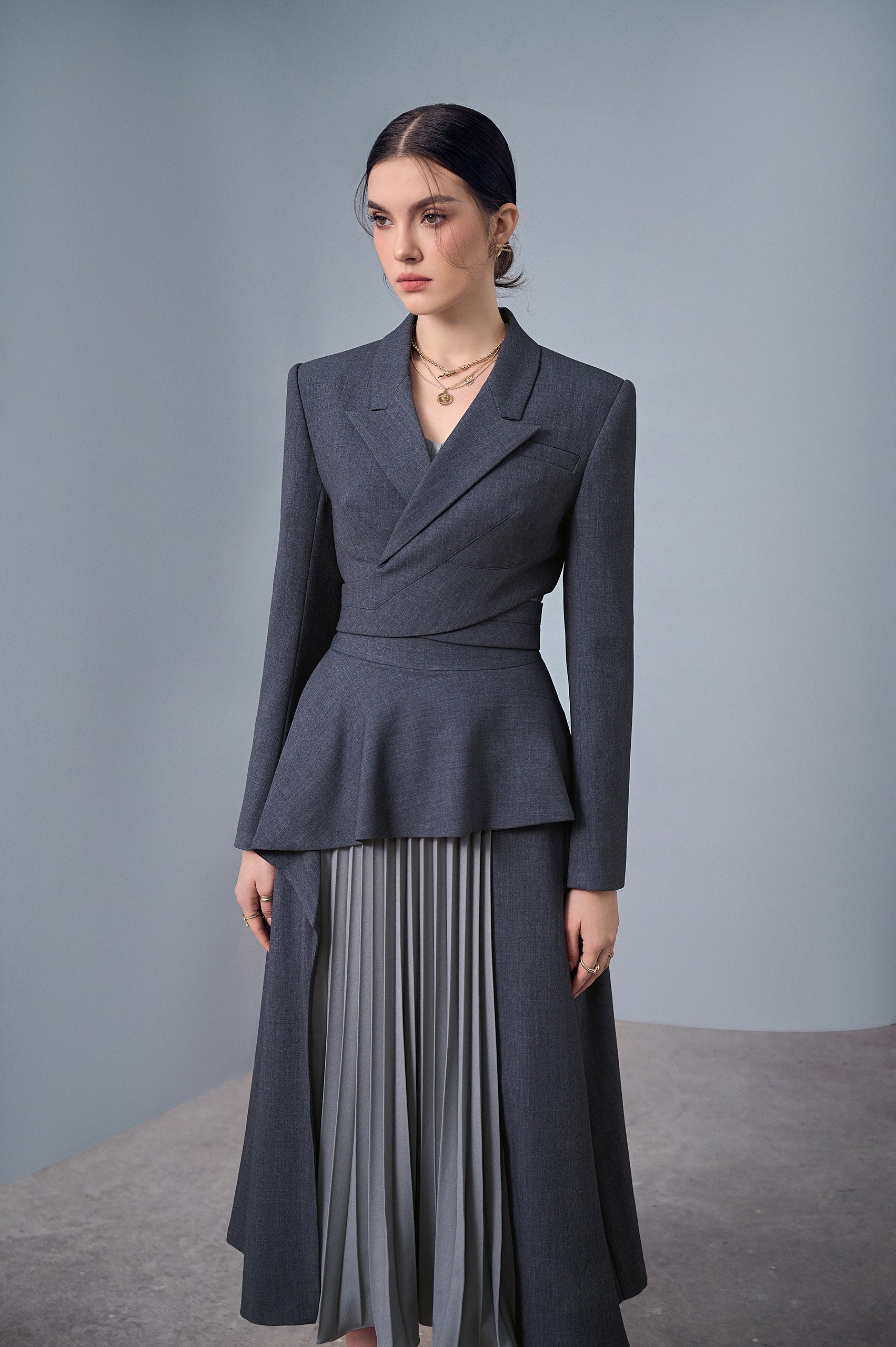 Cloud Gray Crisscrossed Croptop Blazer