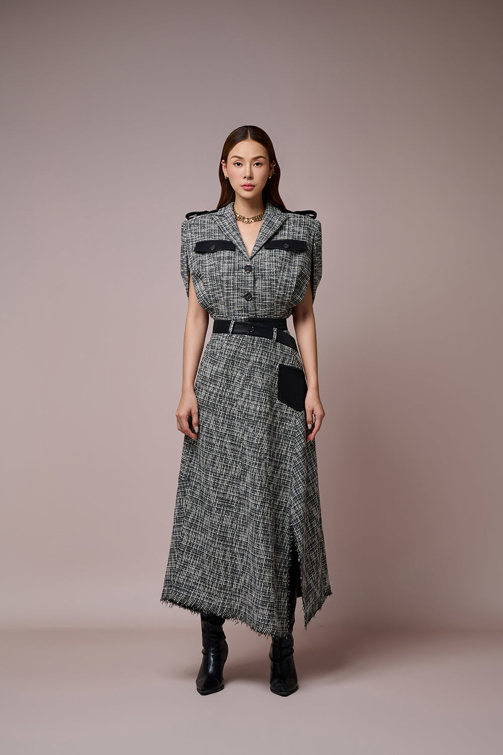 Clytia Caped Sleeves Croptop Jacket & Clytia Asymmetrical Hemline Skirt