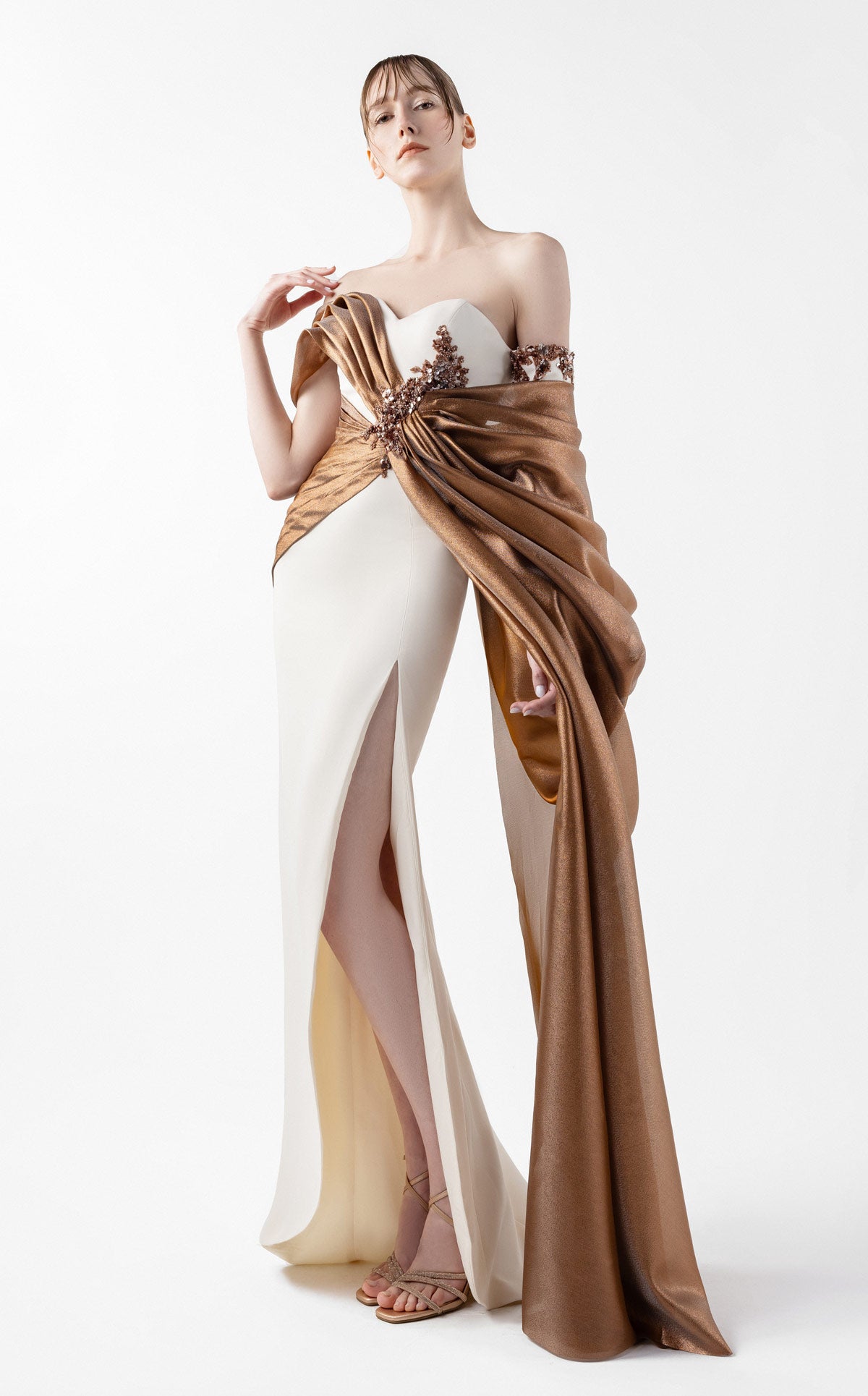 cream crepe dress Gown with Lame Organza Draping & Embroidered Accents G2030 2.26.26 Starlight | Black Celestial with floral ruffle detailing Shoe Size:6/37