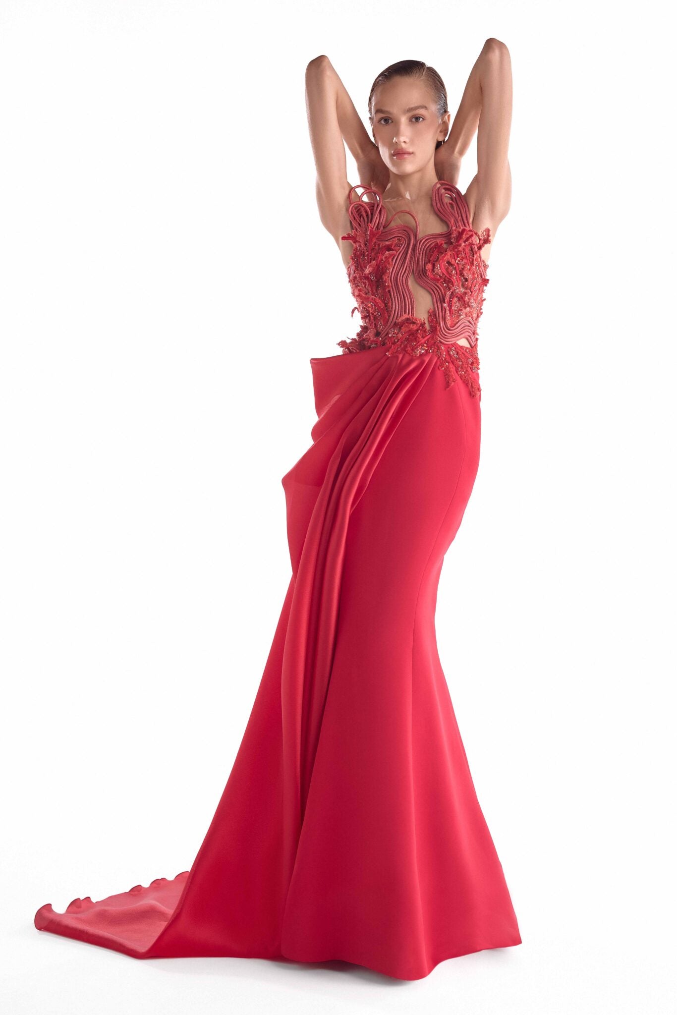 Crimson Corded Reverie, Embroidered Illusion Bodice Mermaid Gown G2133