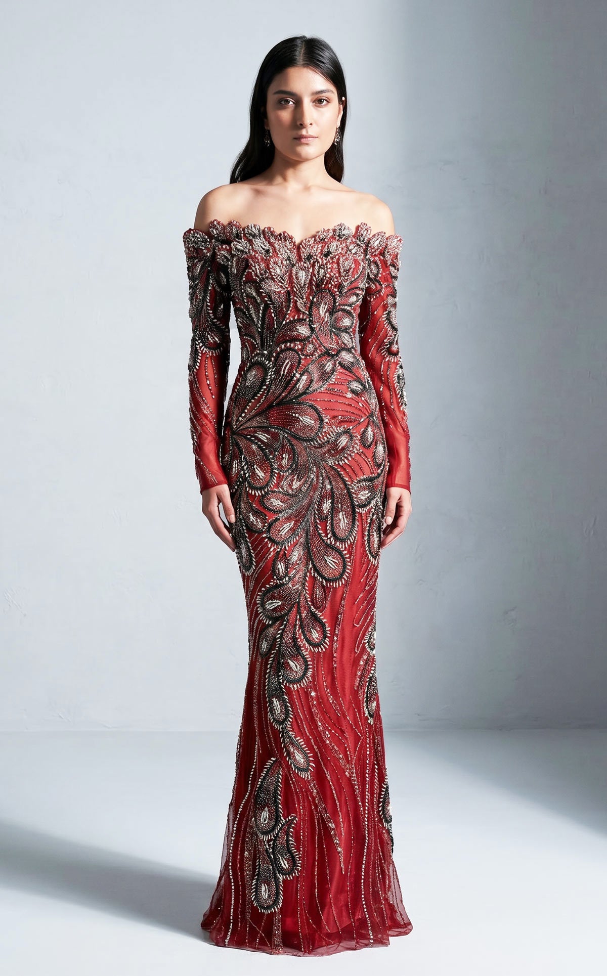 Crimson Majesty Embellished Evening Gown – M1316