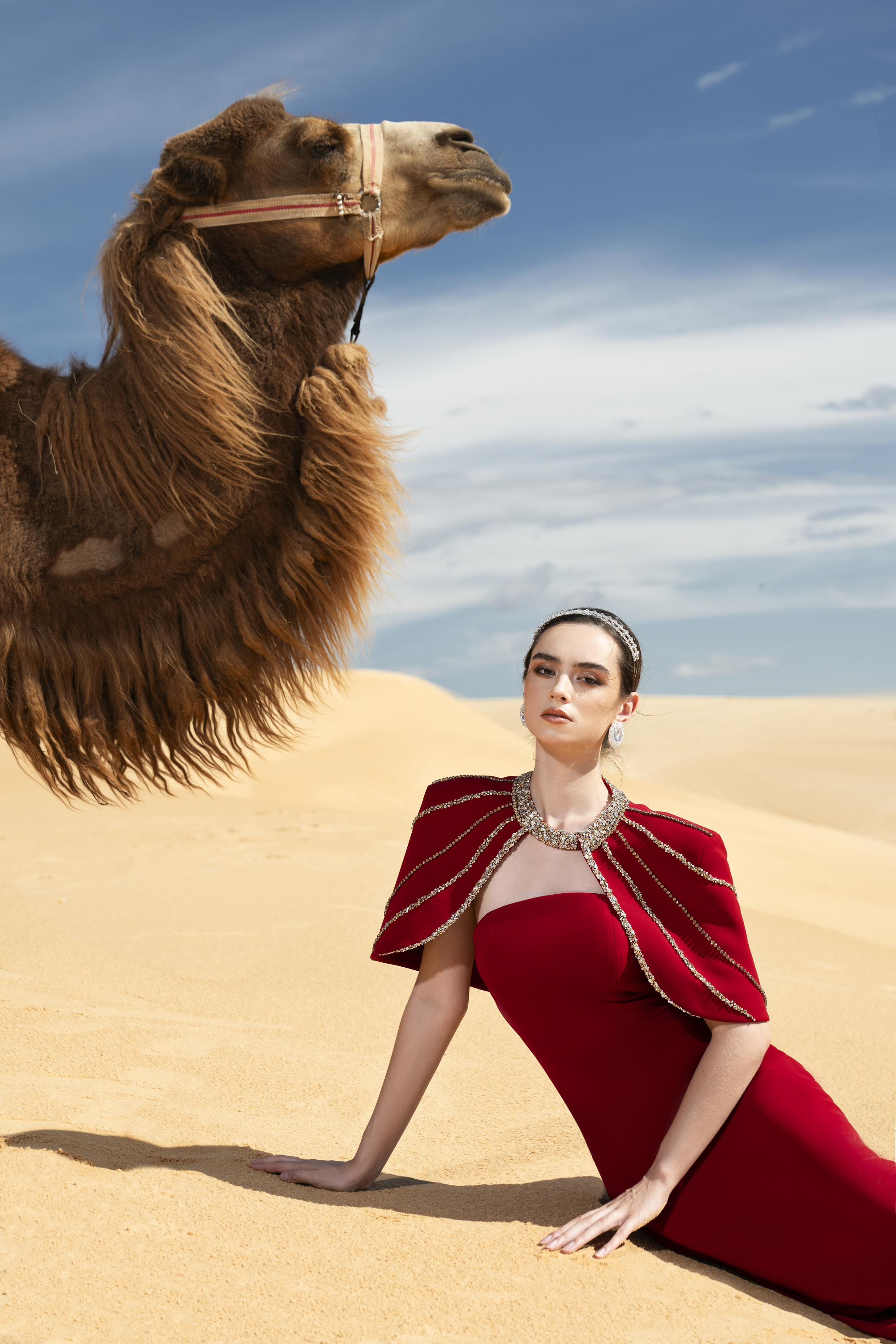 Crystal Cape Red Column Maxi Gown
