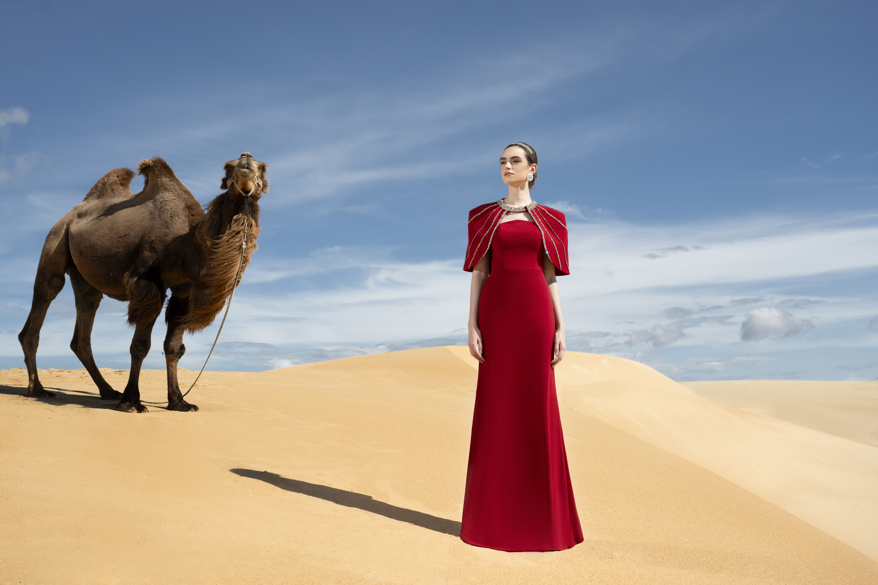 Crystal Cape Red Column Maxi Gown