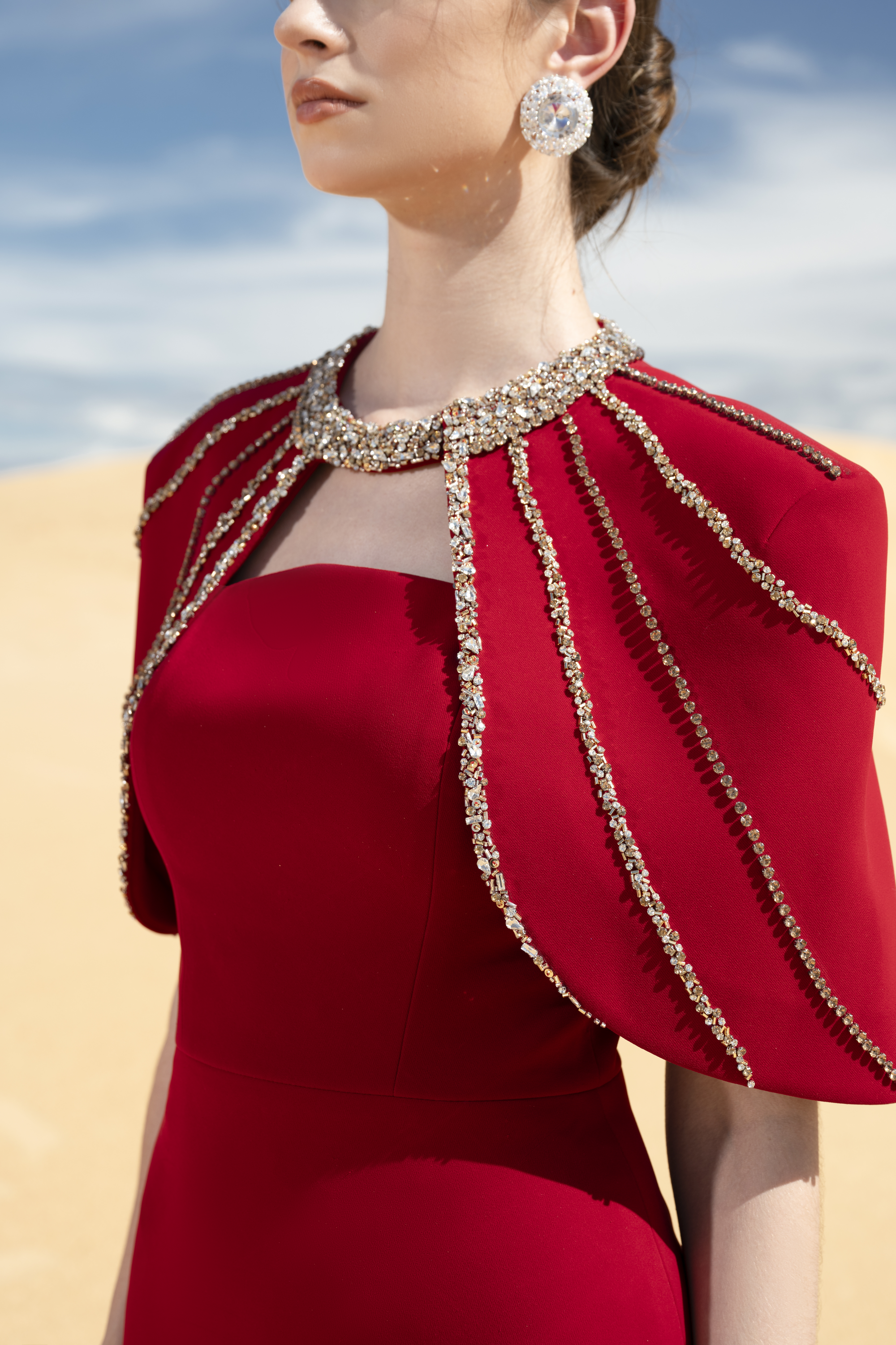 Crystal Cape Red Column Maxi Gown