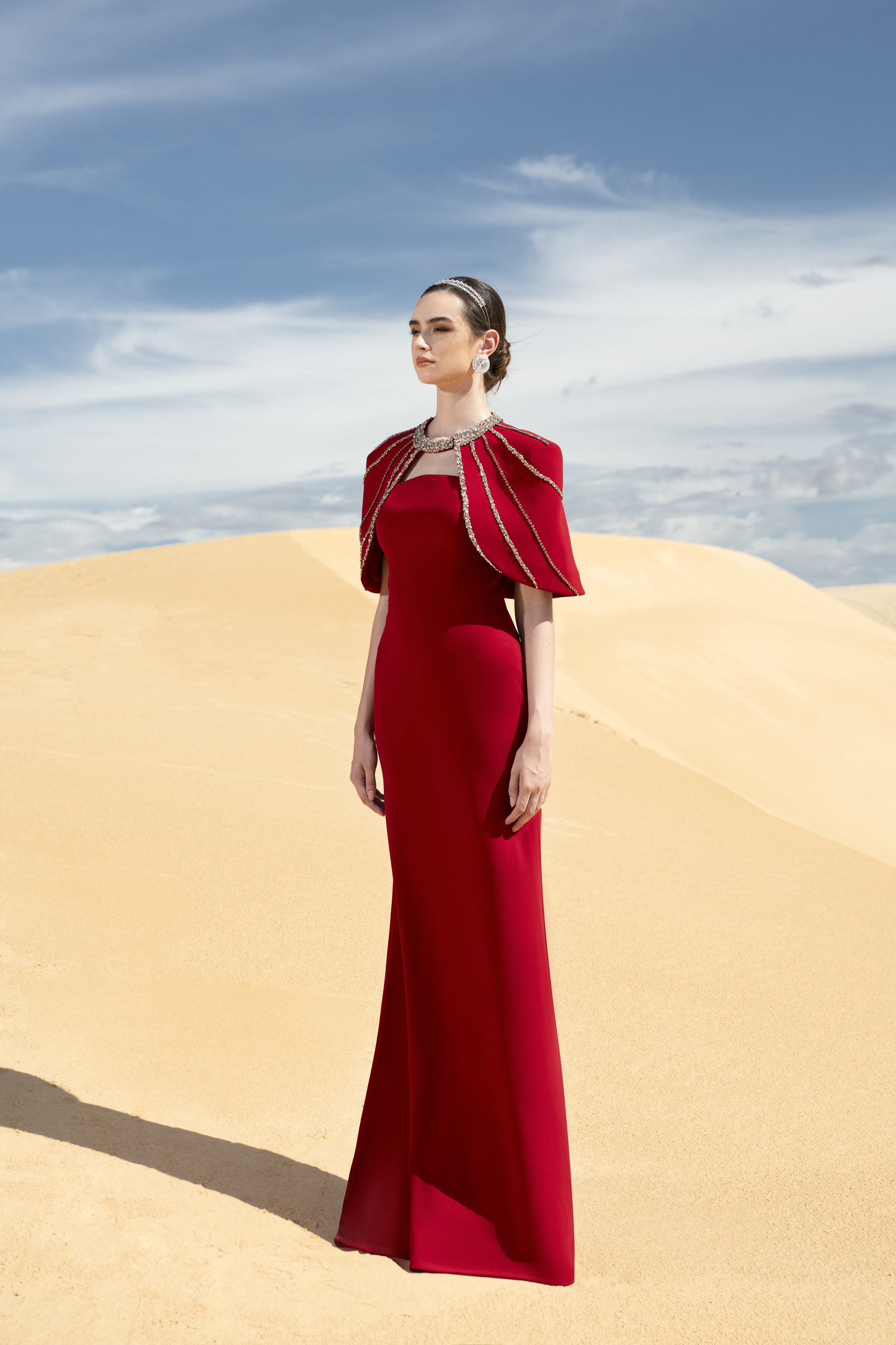 Crystal Cape Red Column Maxi Gown