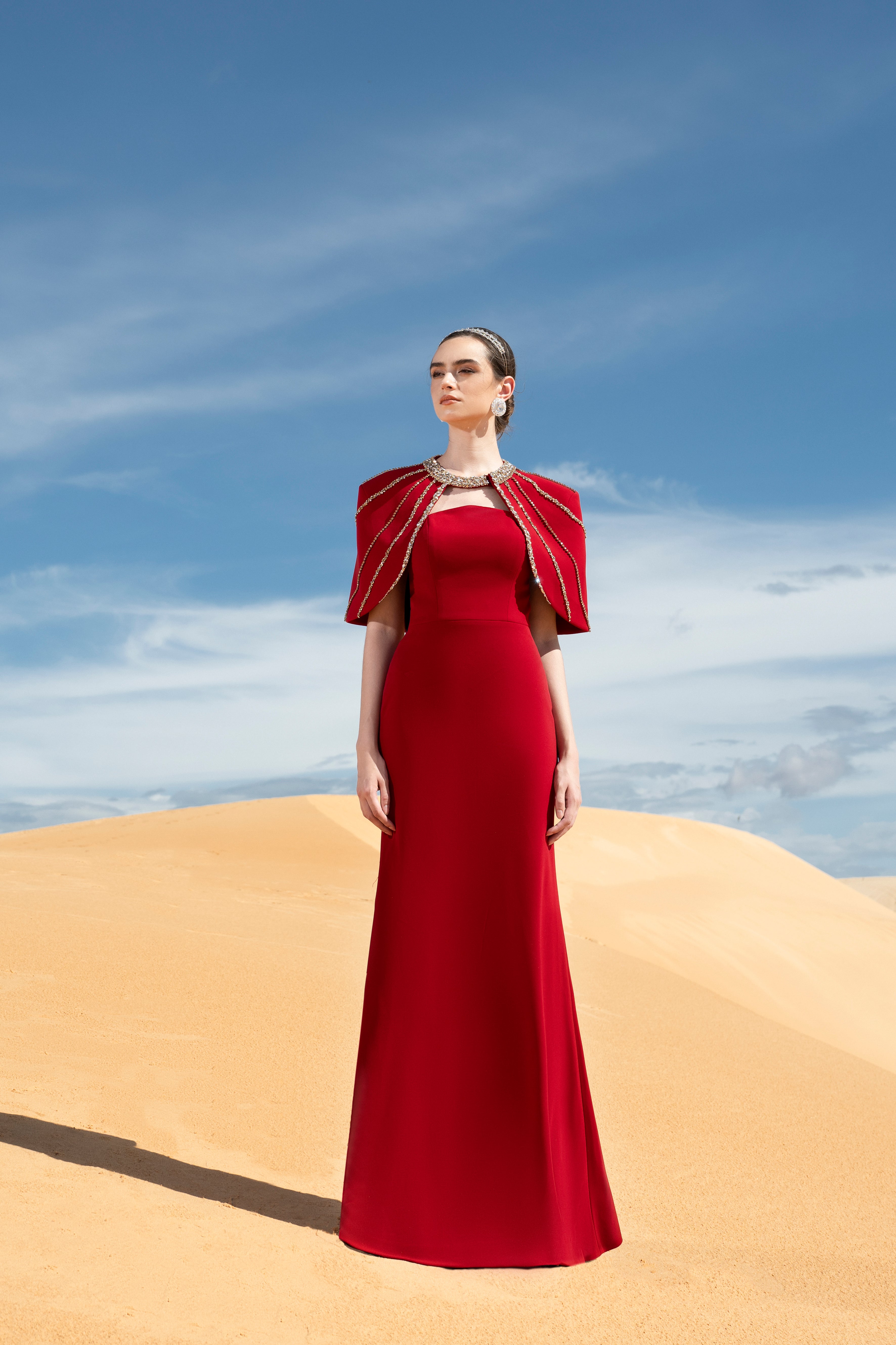 Crystal Cape Red Column Maxi Gown