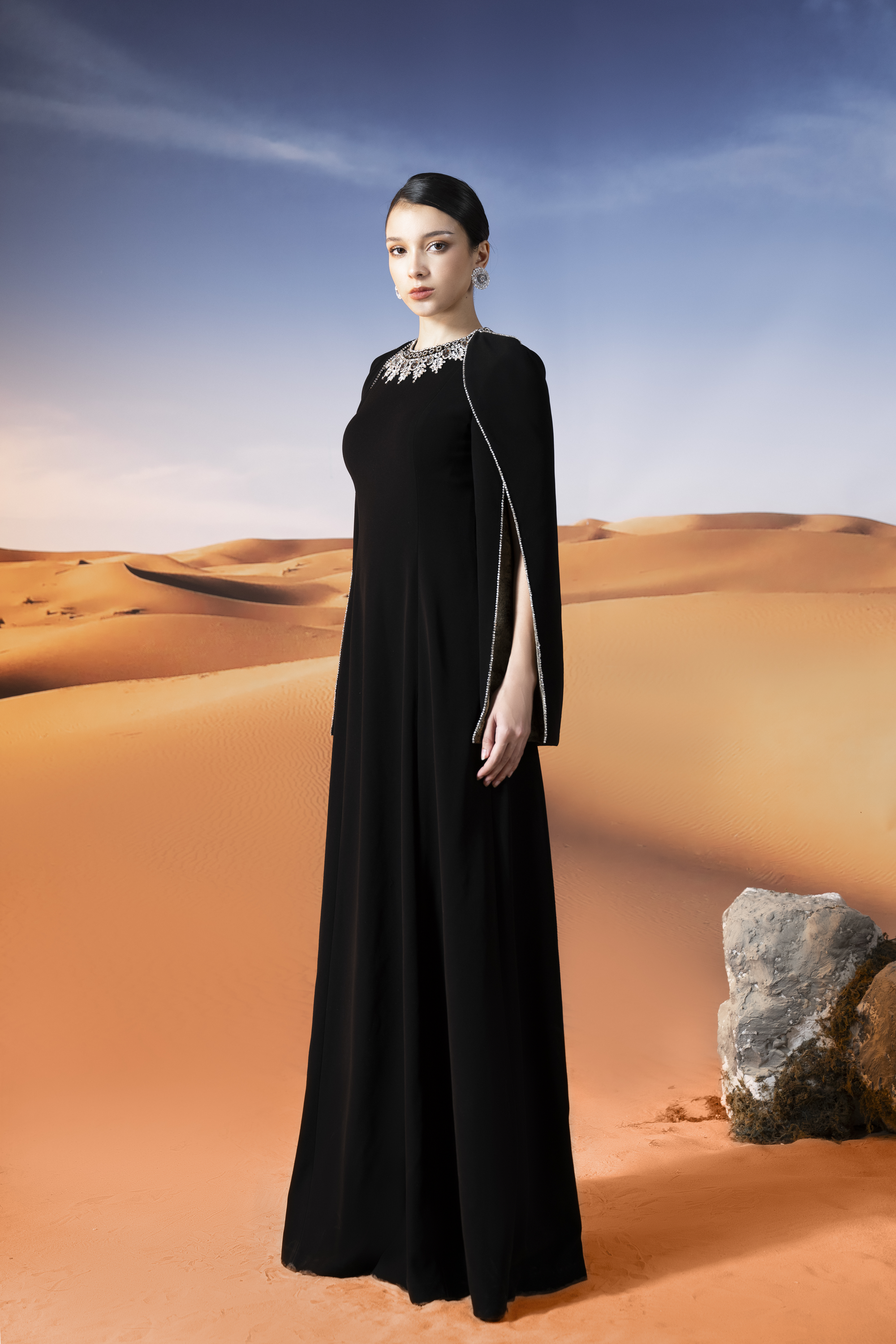 Crystal Collar Black Cape Sleeve Maxi Gown