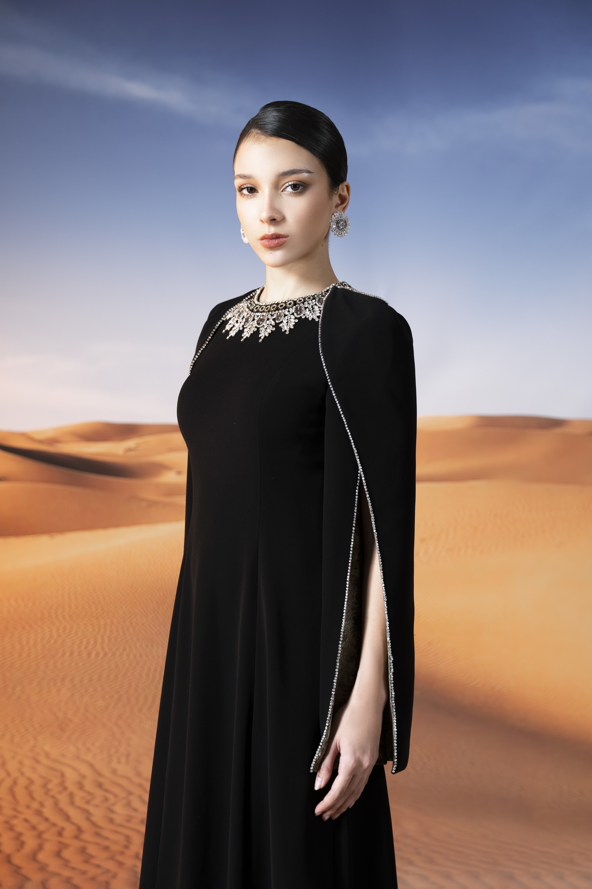 Crystal Collar Black Cape Sleeve Maxi Gown