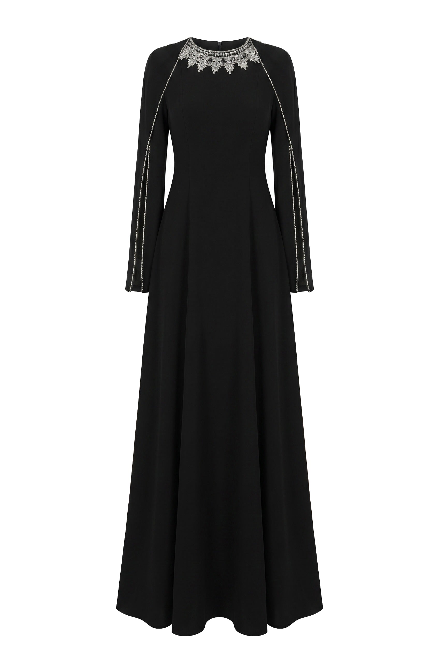 Crystal Collar Black Cape Sleeve Maxi Gown