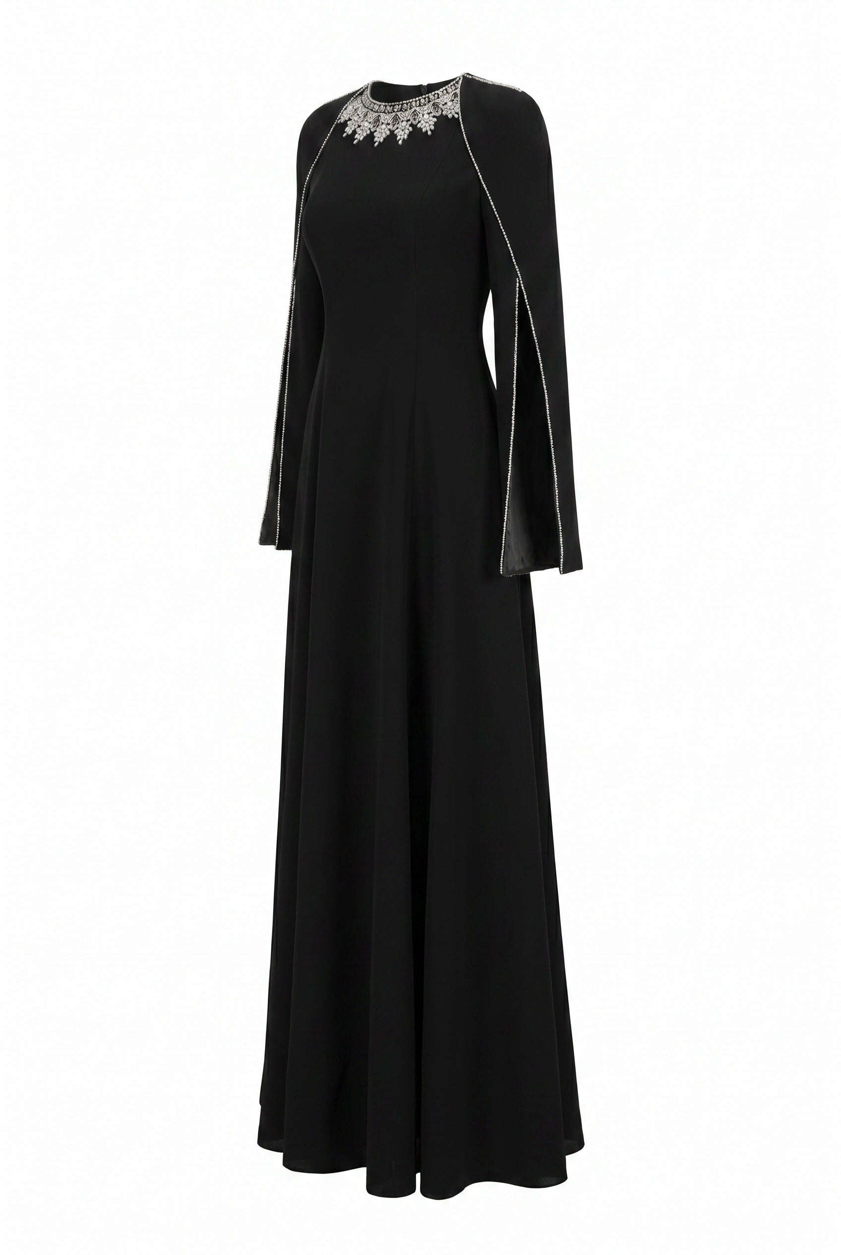 Crystal Collar Black Cape Sleeve Maxi Gown