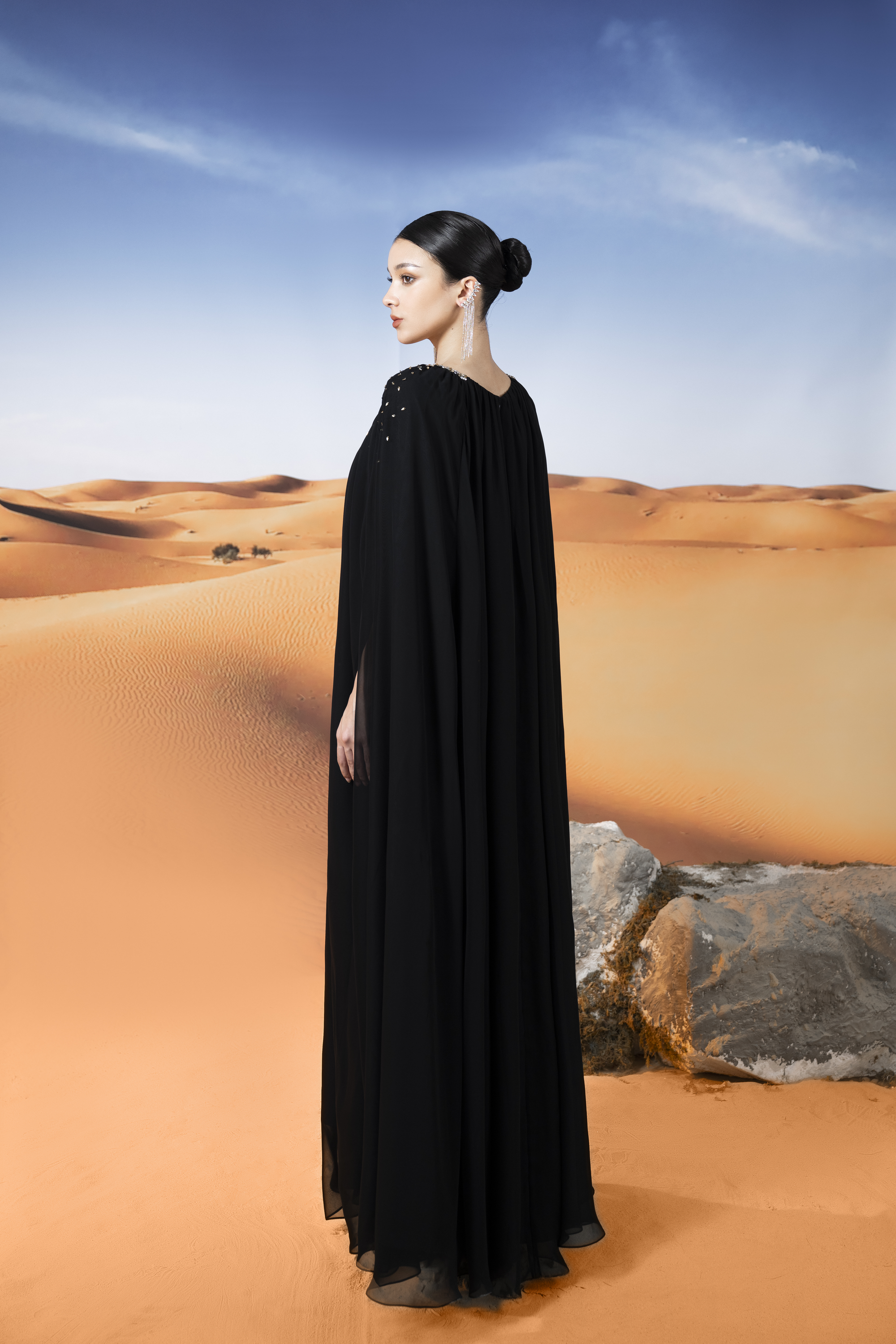 Crystal-Embellished Black Cape Maxi Gown