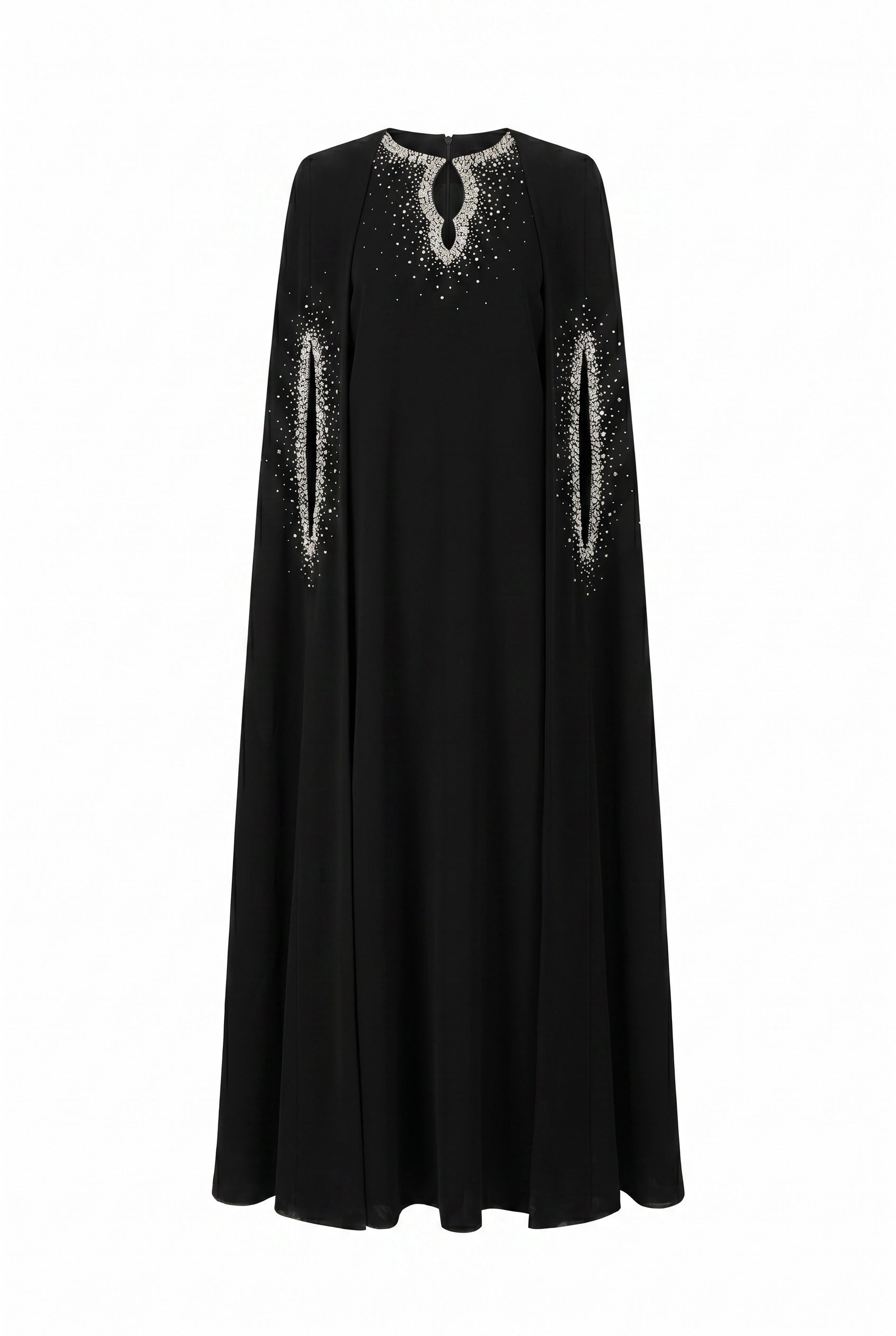 Crystal-Embellished Black Cape Maxi Gown