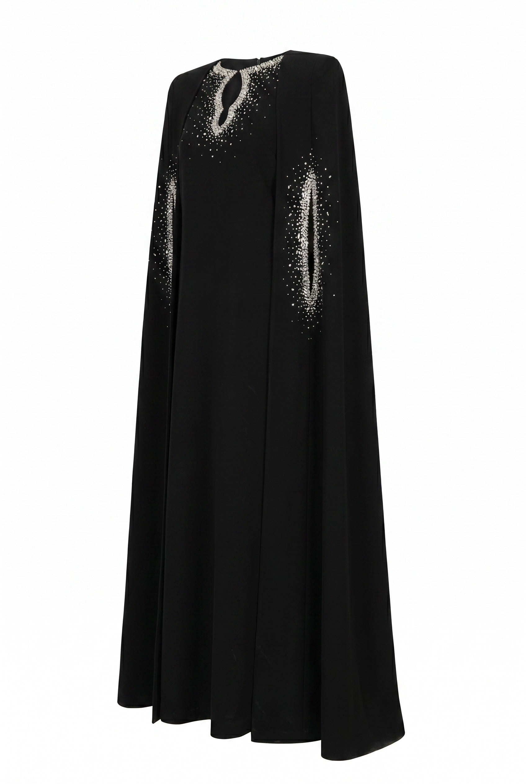 Crystal-Embellished Black Cape Maxi Gown