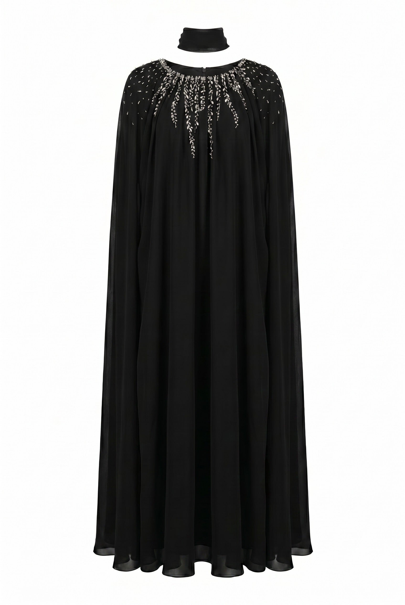 Crystal-Embellished Black Cape Maxi Gown