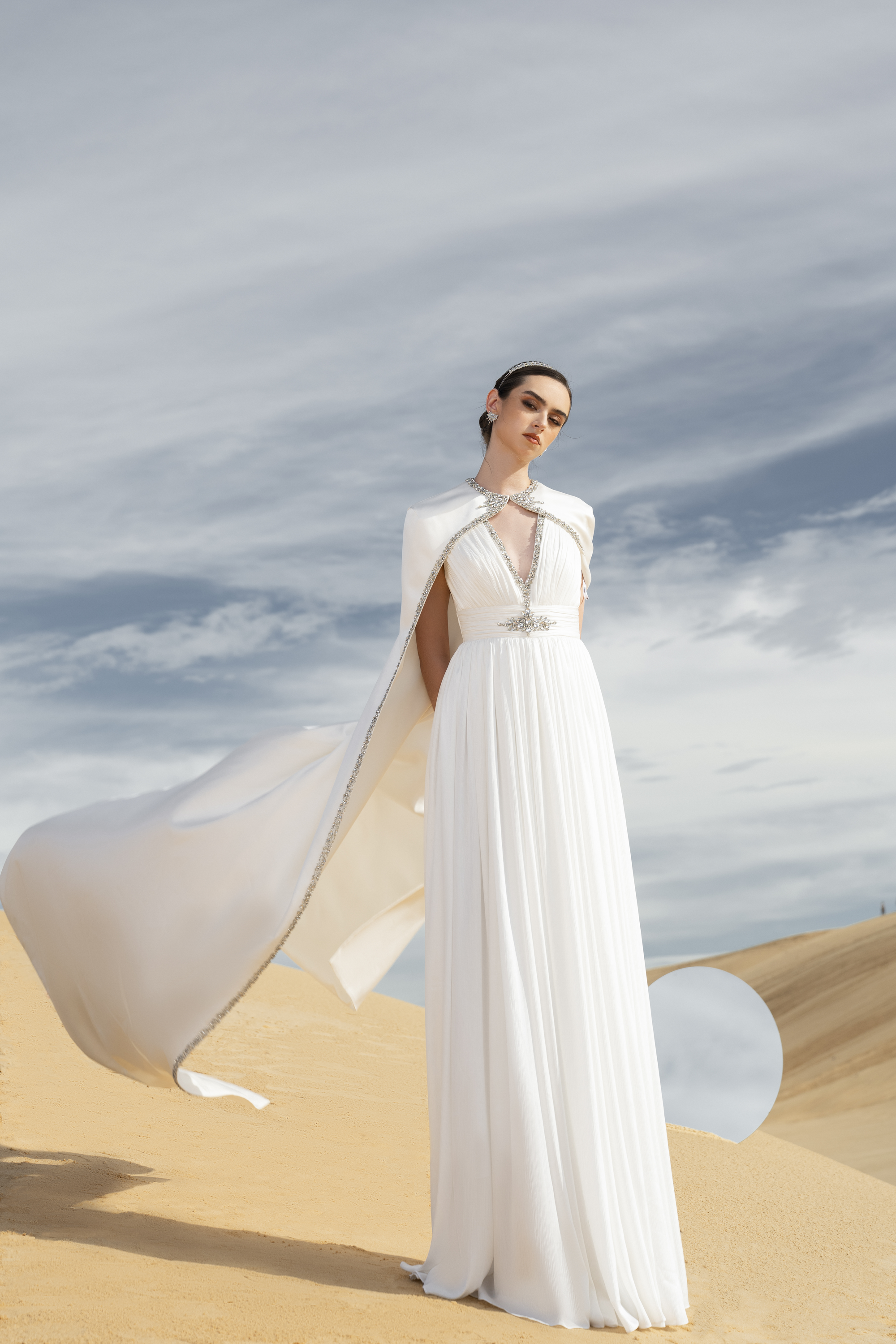 Crystal-Embellished Cape Sleeve Pleated White Maxi Gown