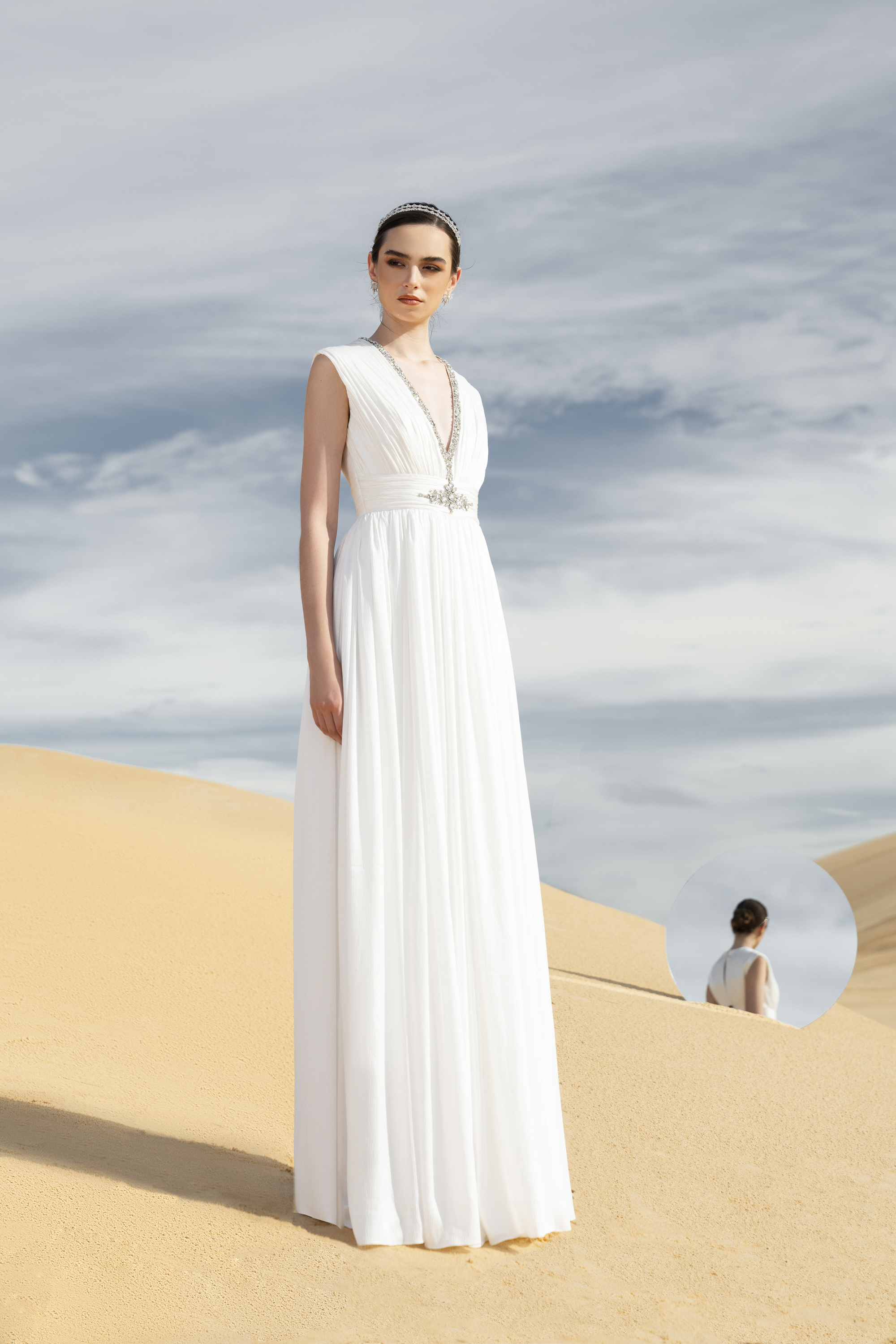 Crystal-Embellished Cape Sleeve Pleated White Maxi Gown