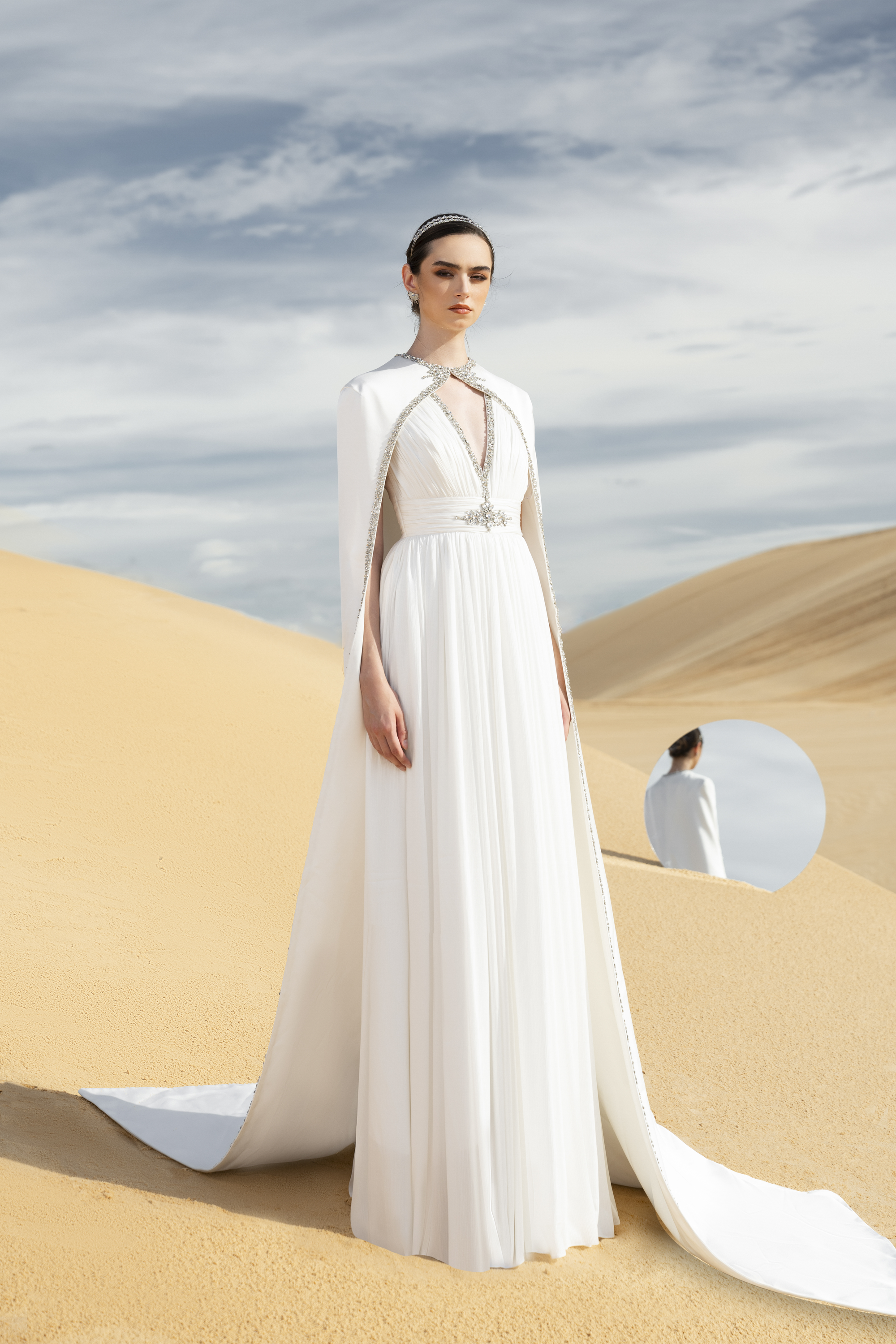 Crystal-Embellished Cape Sleeve Pleated White Maxi Gown