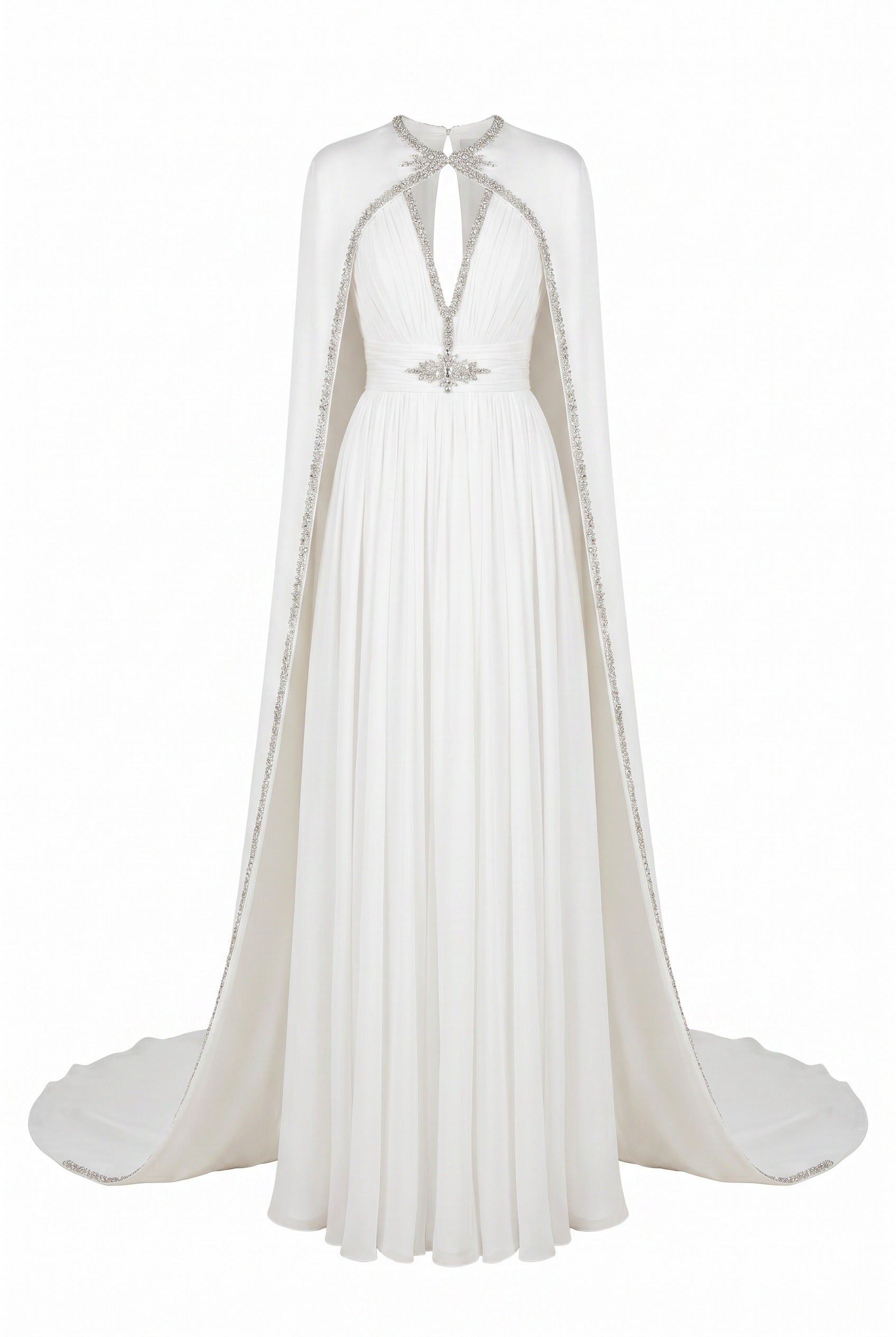 Crystal-Embellished Cape Sleeve Pleated White Maxi Gown