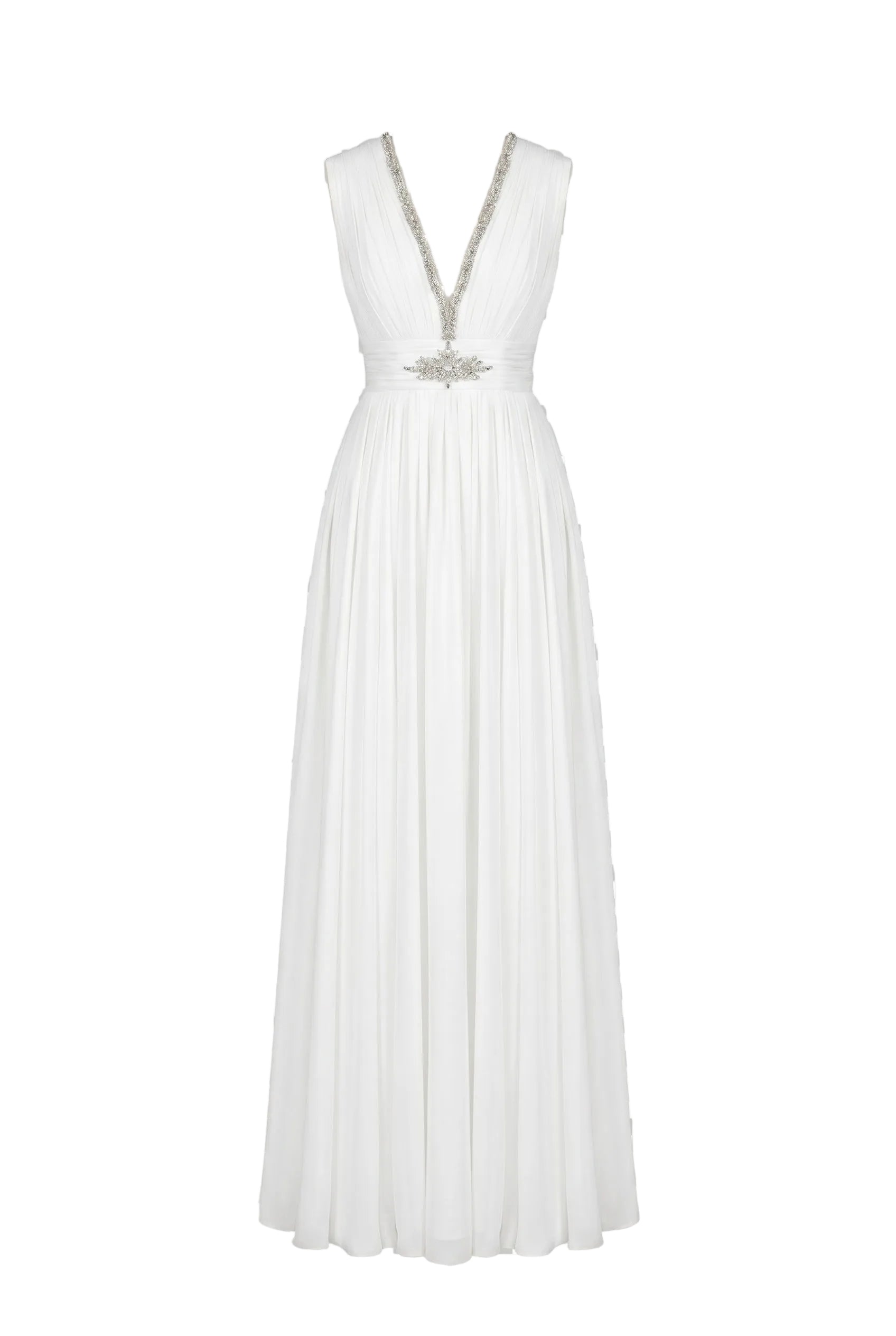 Crystal-Embellished Cape Sleeve Pleated White Maxi Gown