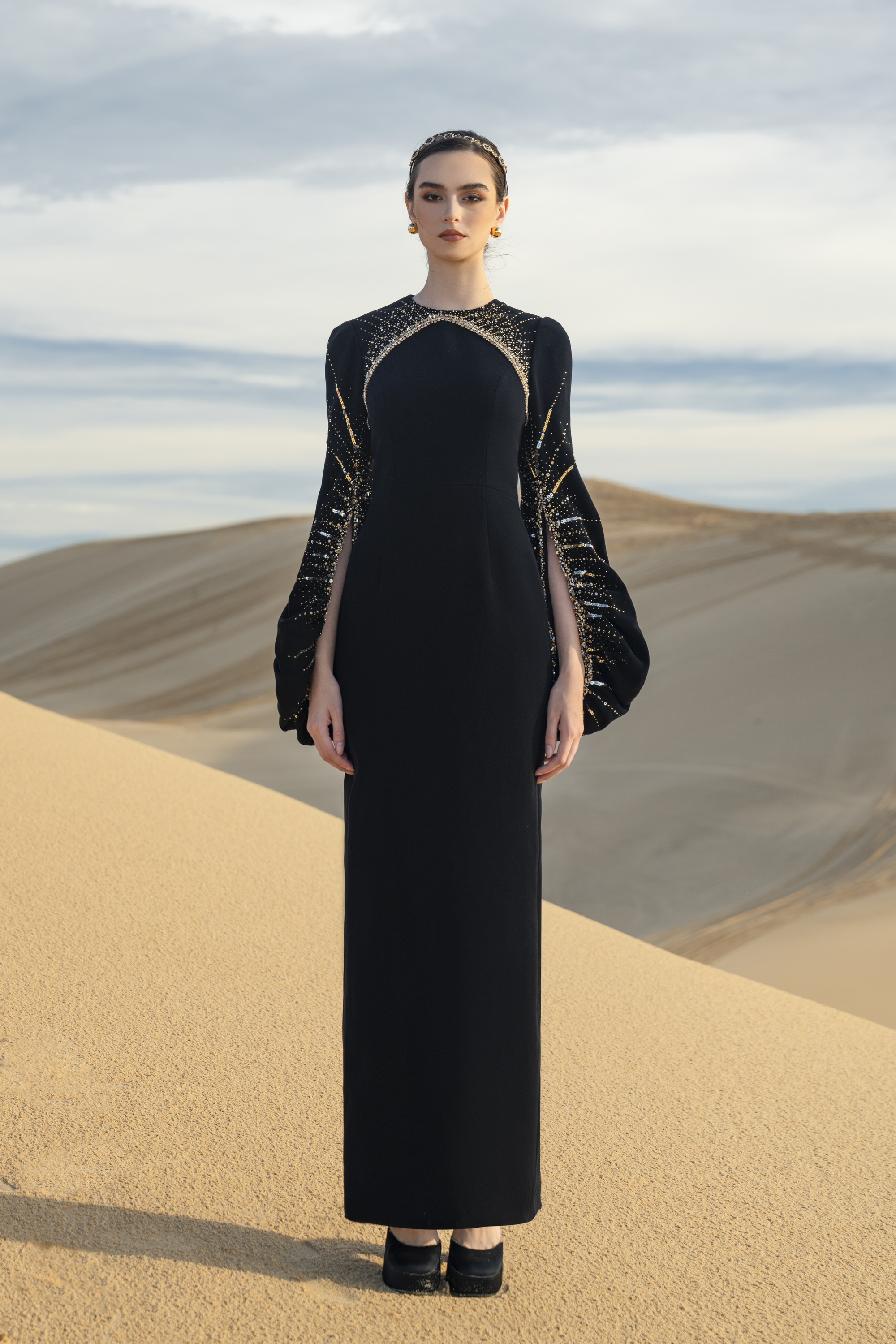 Crystal-Embellished Cutout Black Column Gown
