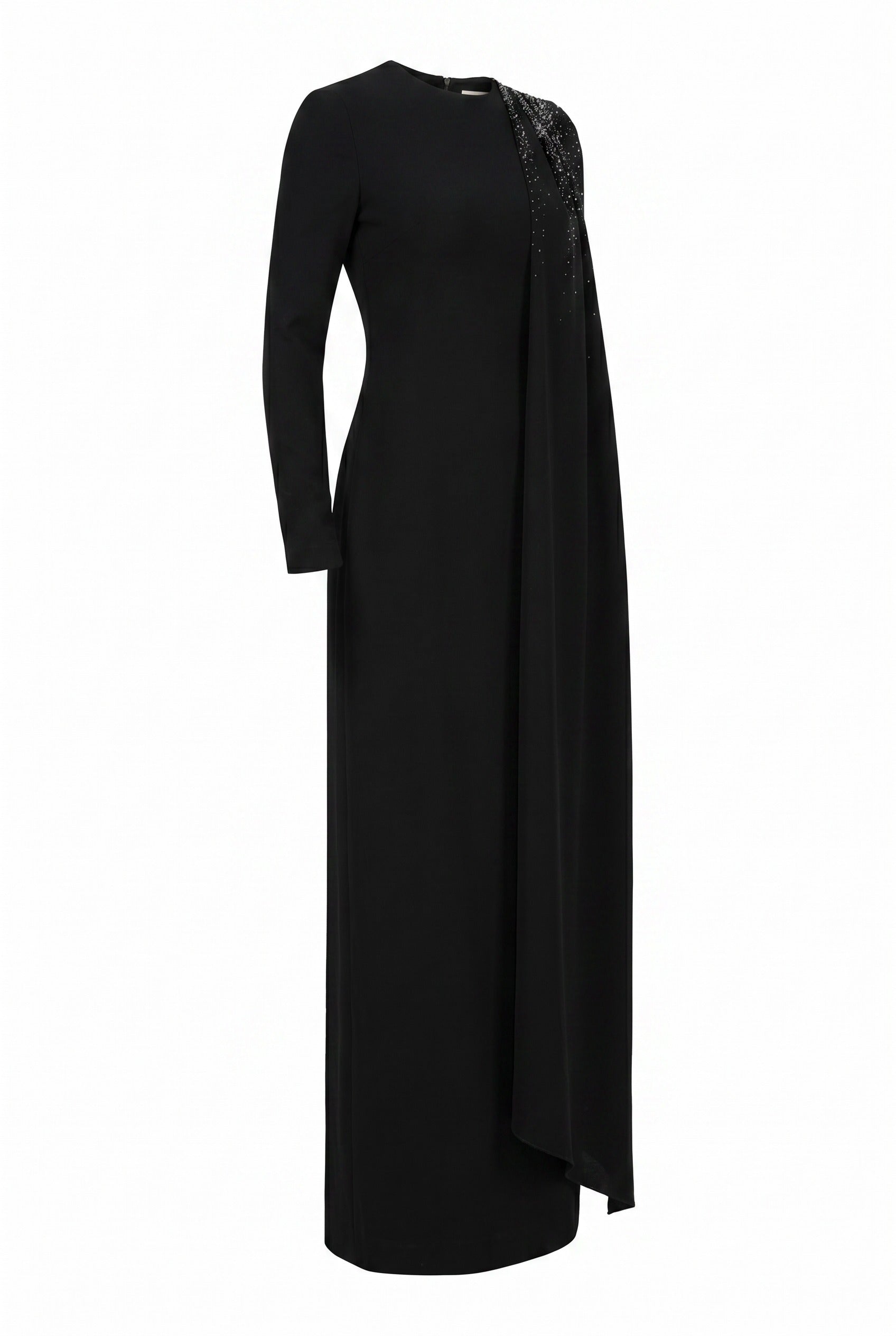 Crystal-Embellished Draped Black Column Gown