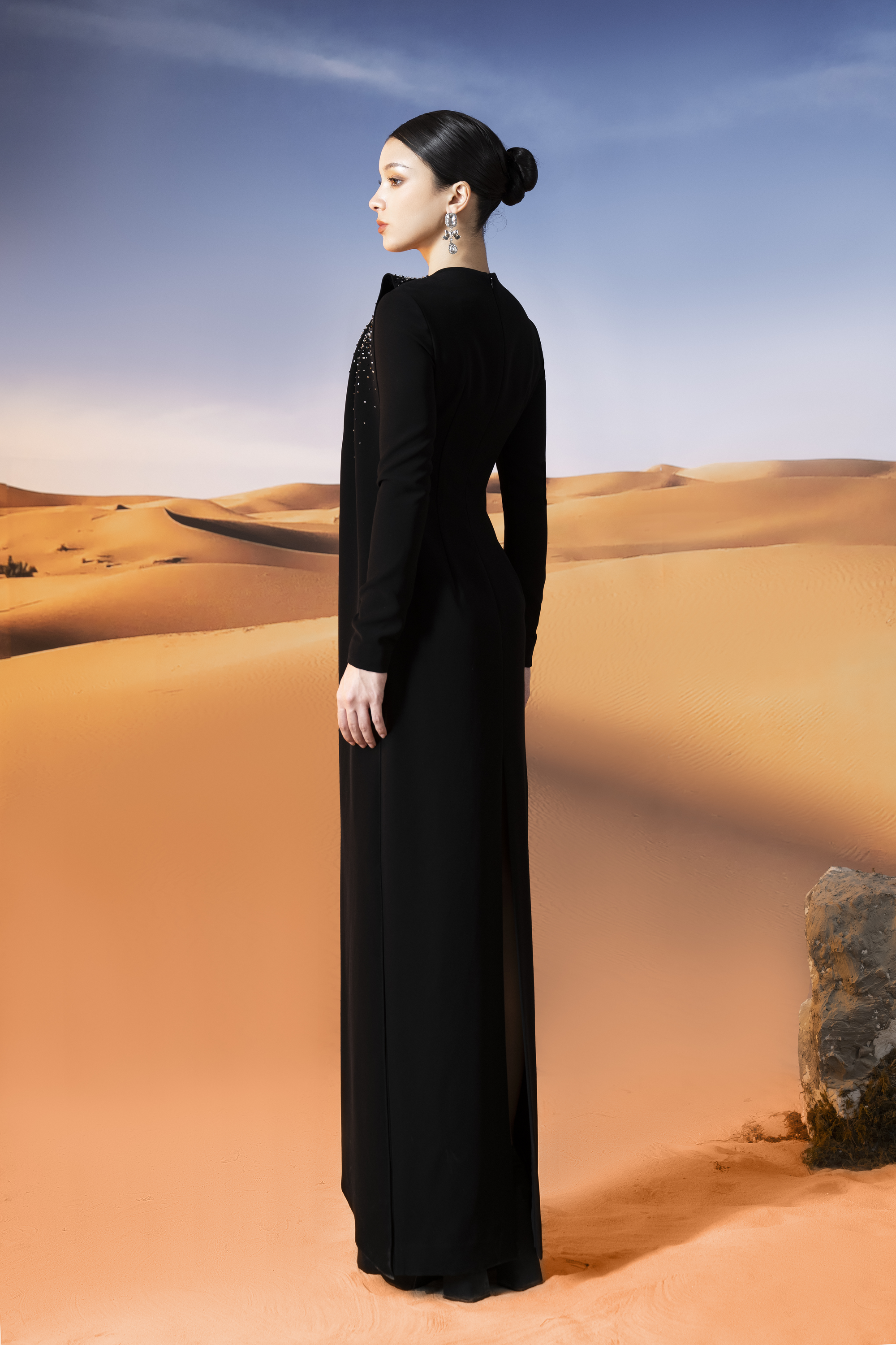 Crystal-Embellished Draped Black Column Gown