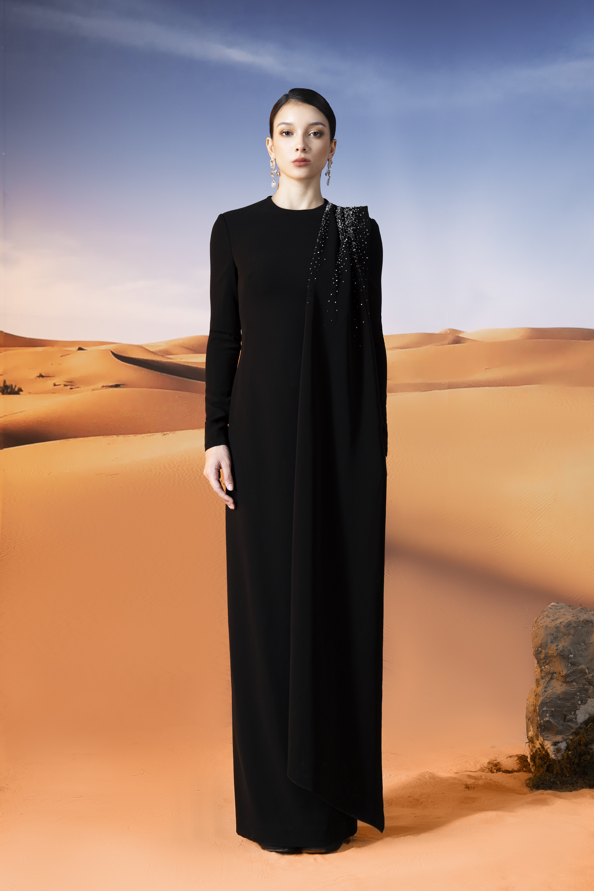 Crystal-Embellished Draped Black Column Gown