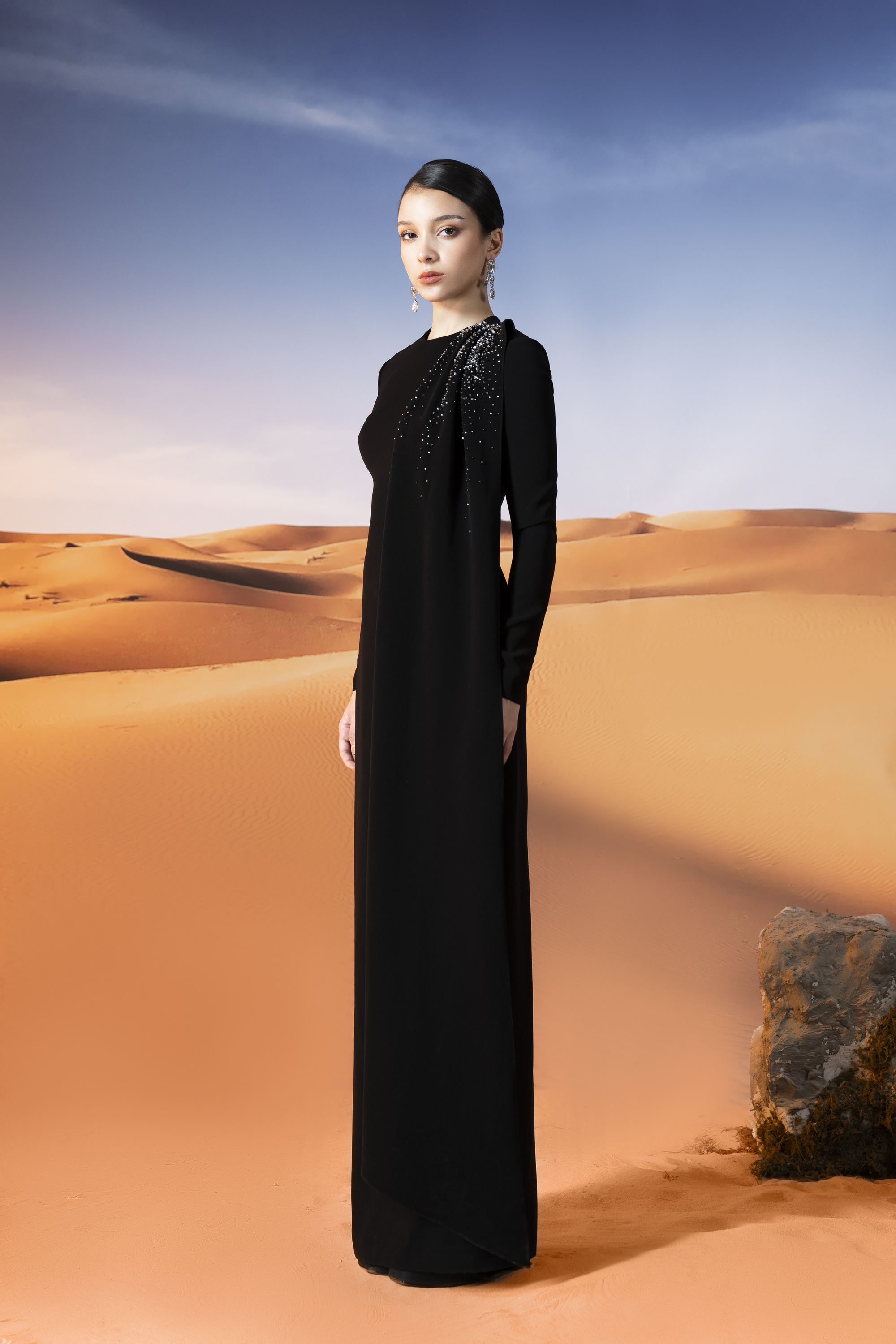 Crystal-Embellished Draped Black Column Gown