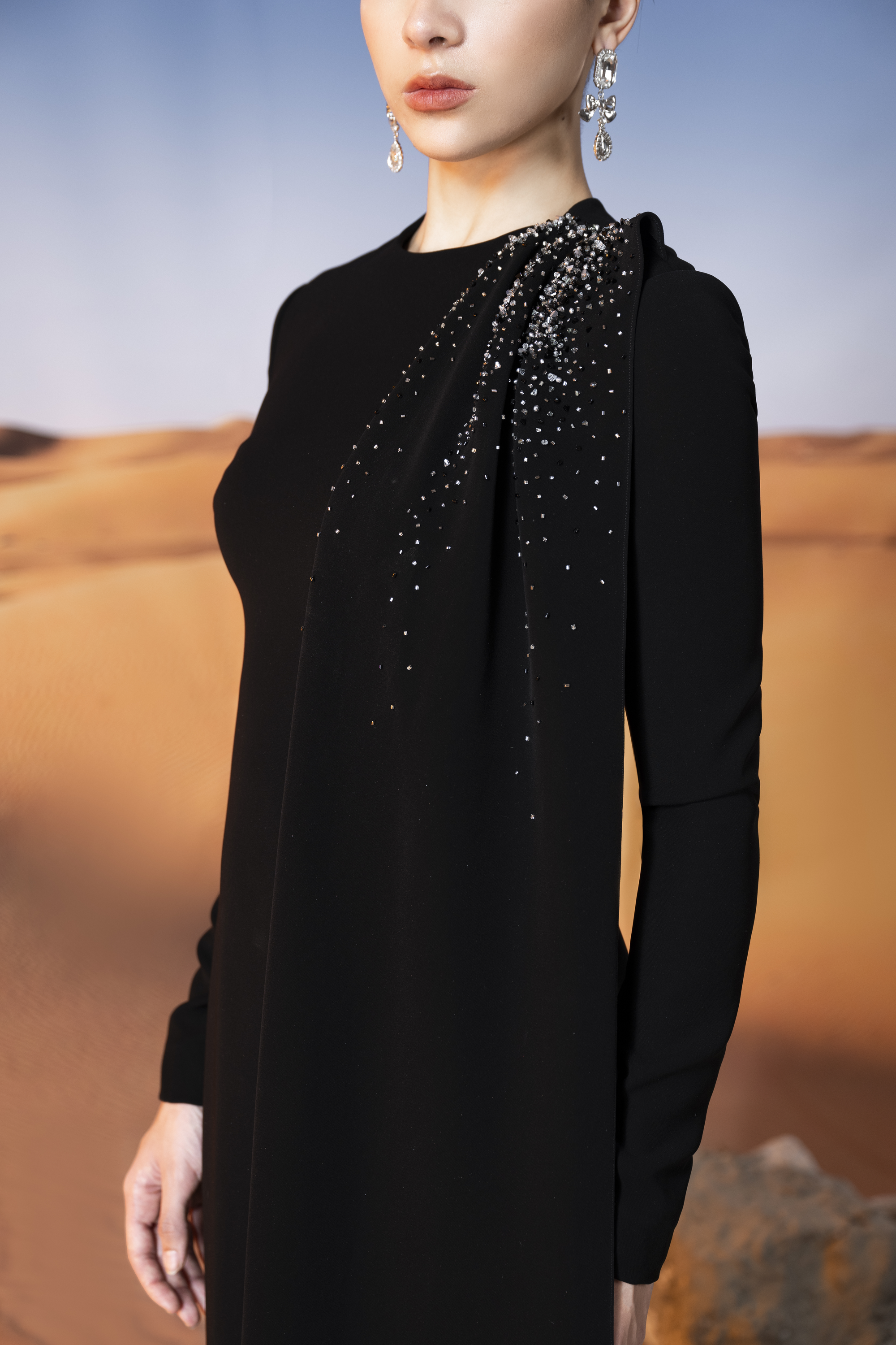 Crystal-Embellished Draped Black Column Gown