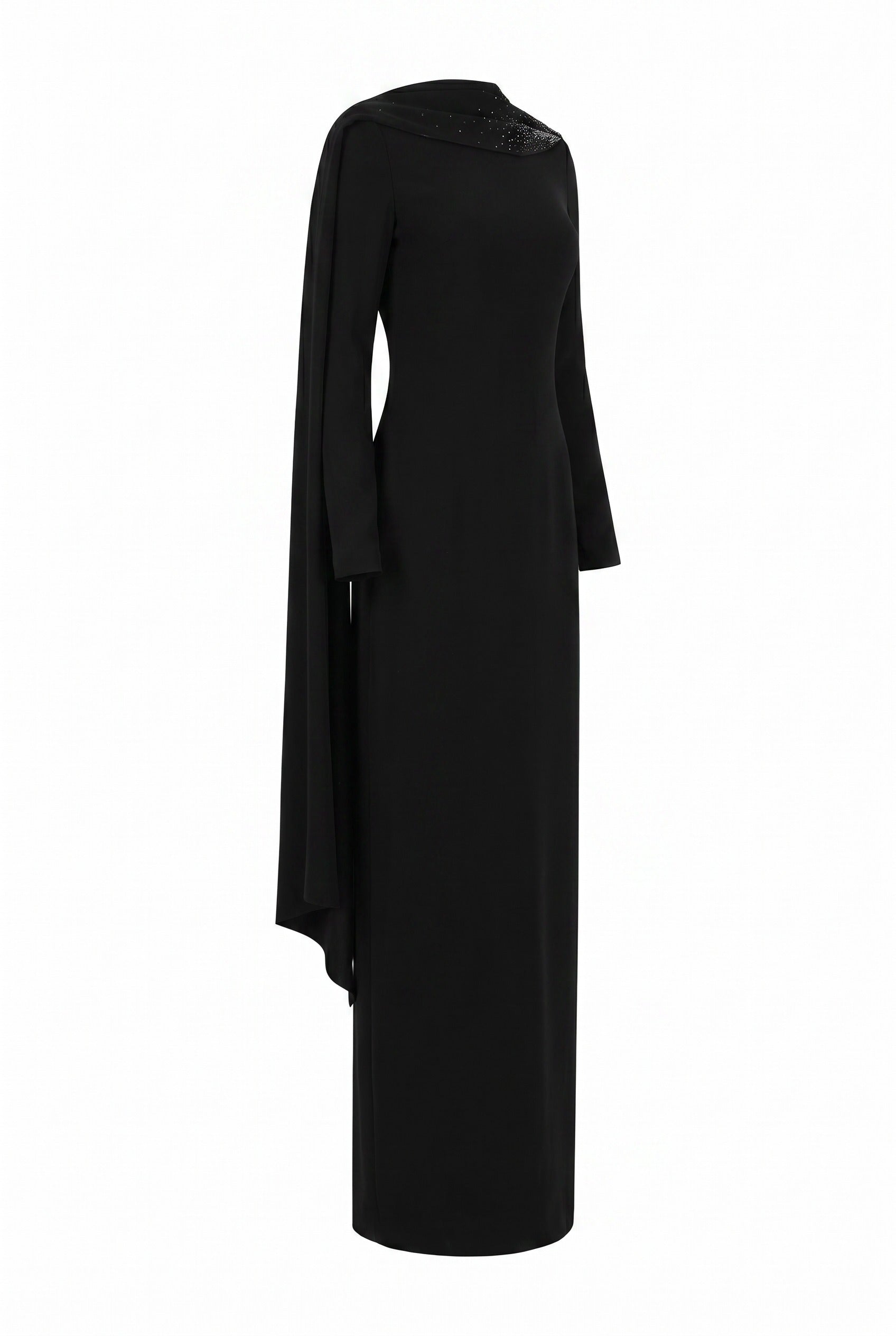 Crystal-Embellished Draped Black Column Gown